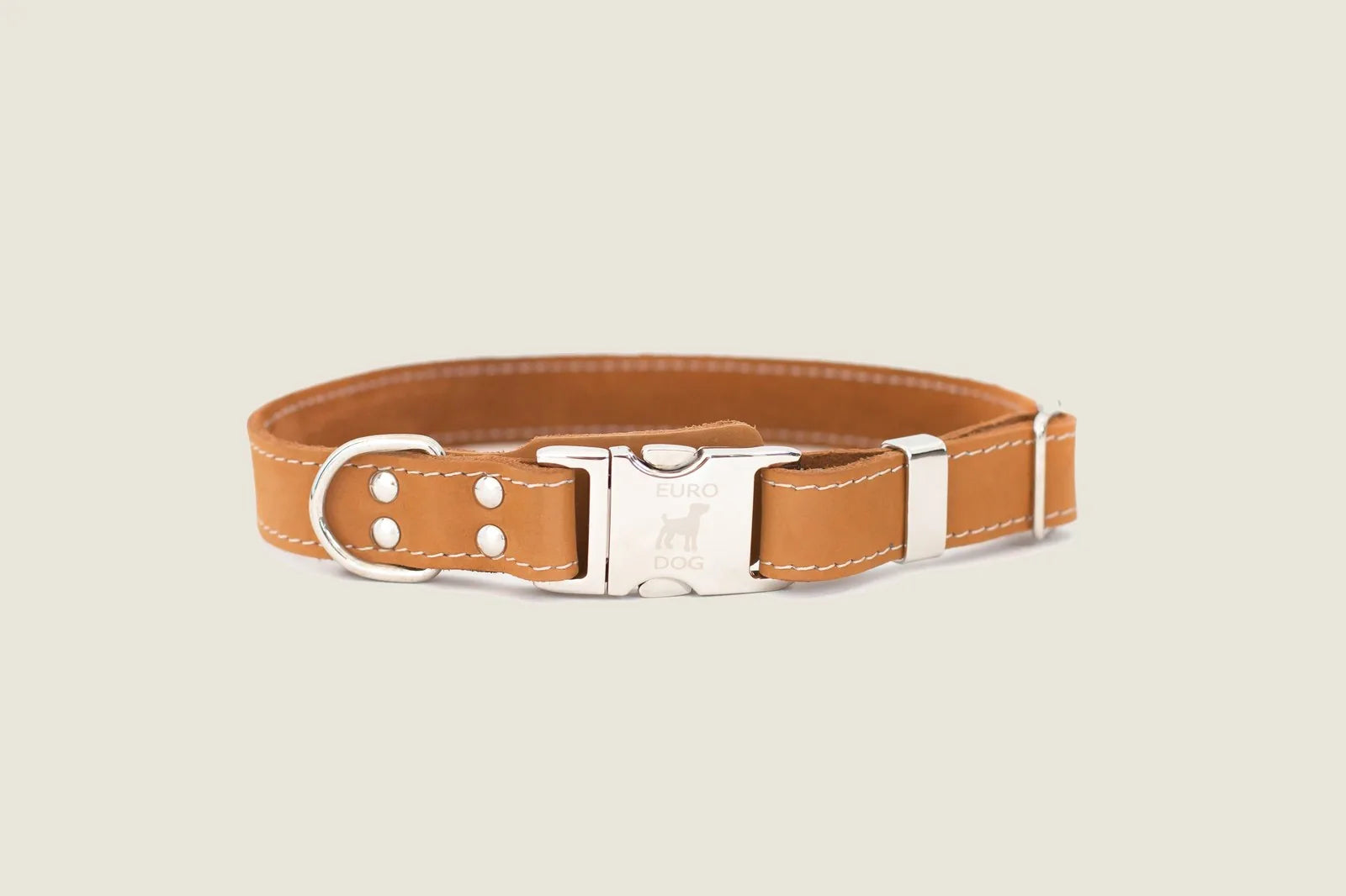 Tan leather dog collar featuring silver hardware and stitching, showcasing the Euro-Dog brand.