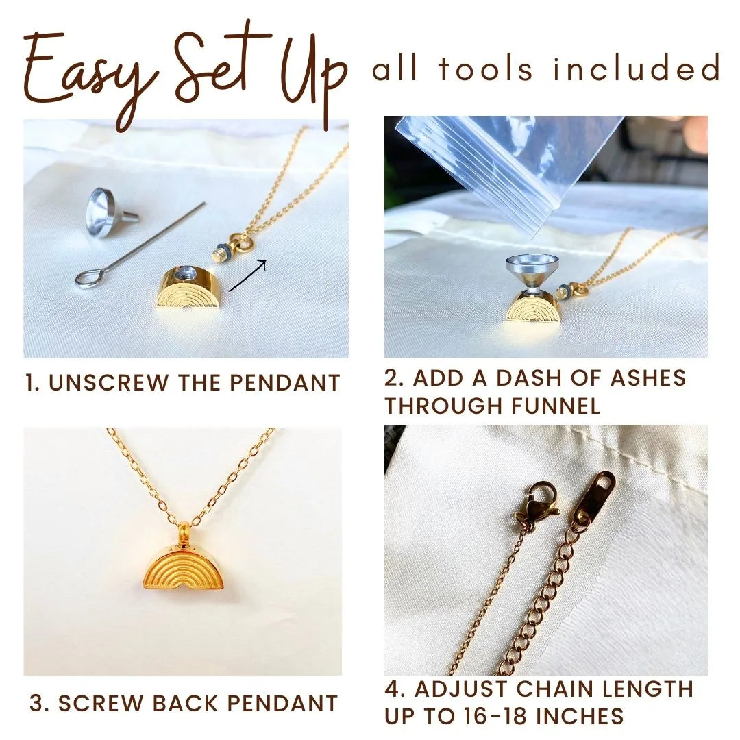Gold rainbow bridge cremation necklace with a chain and funnel for adding pet ashes; adjustable length up to 18 inches.