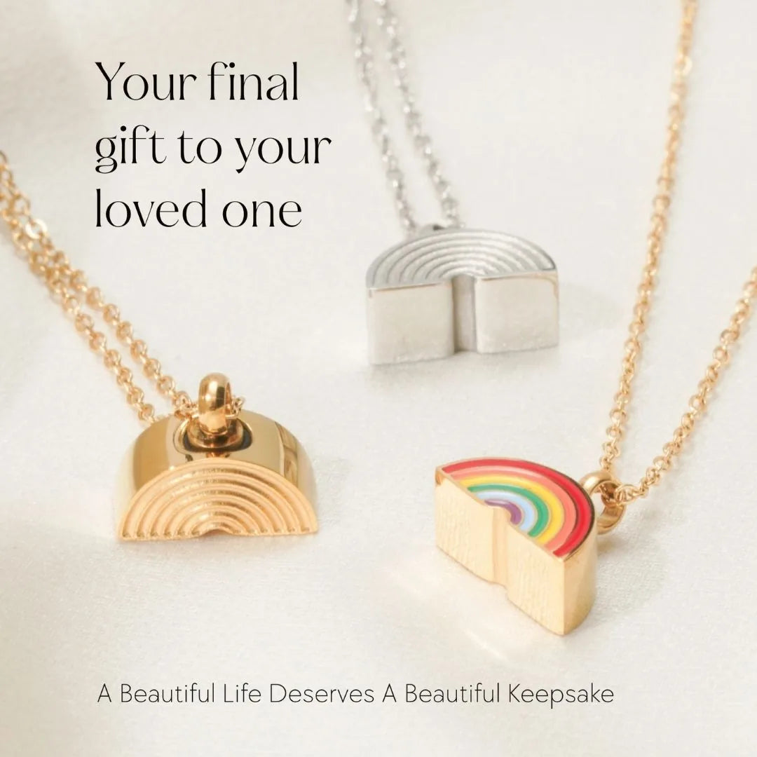 Gold and silver cremation necklaces feature rainbow and arch designs, ideal for honoring a beloved pet.