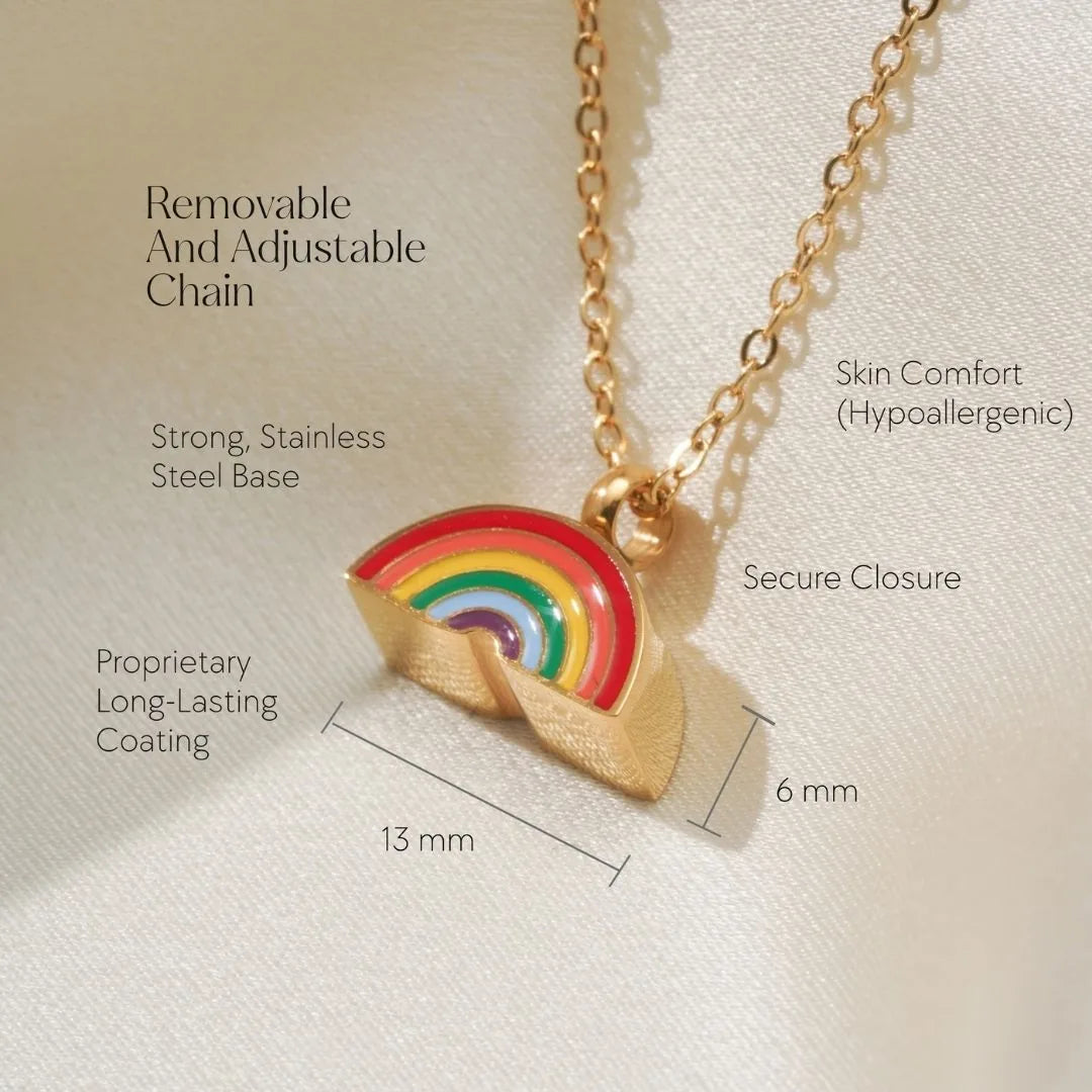 Colorful rainbow cremation necklace with gold-tone stainless steel, measuring 13 mm x 6 mm, featuring a removable chain.