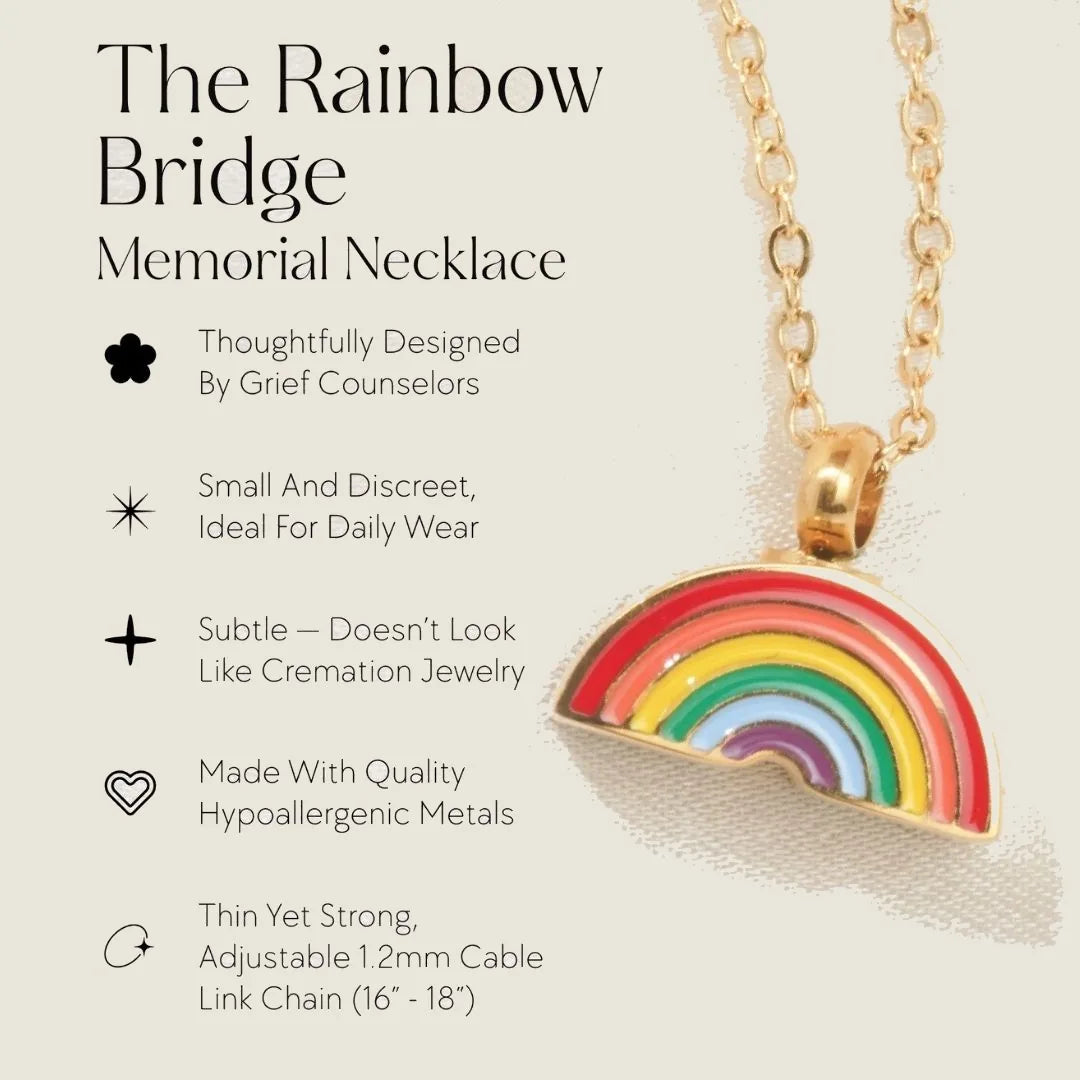 Rainbow cremation necklace featuring colorful enamel design, gold chain, and subtle memorial style for daily wear.