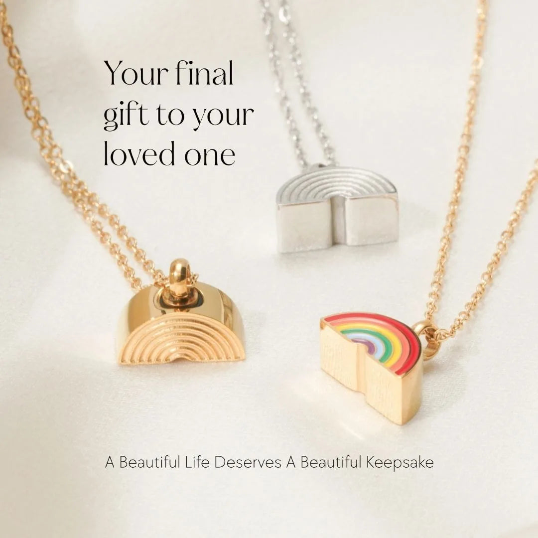 Colorful Rainbow Bridge cremation necklaces in gold, silver, and rainbow designs on delicate chains for pet memorials.