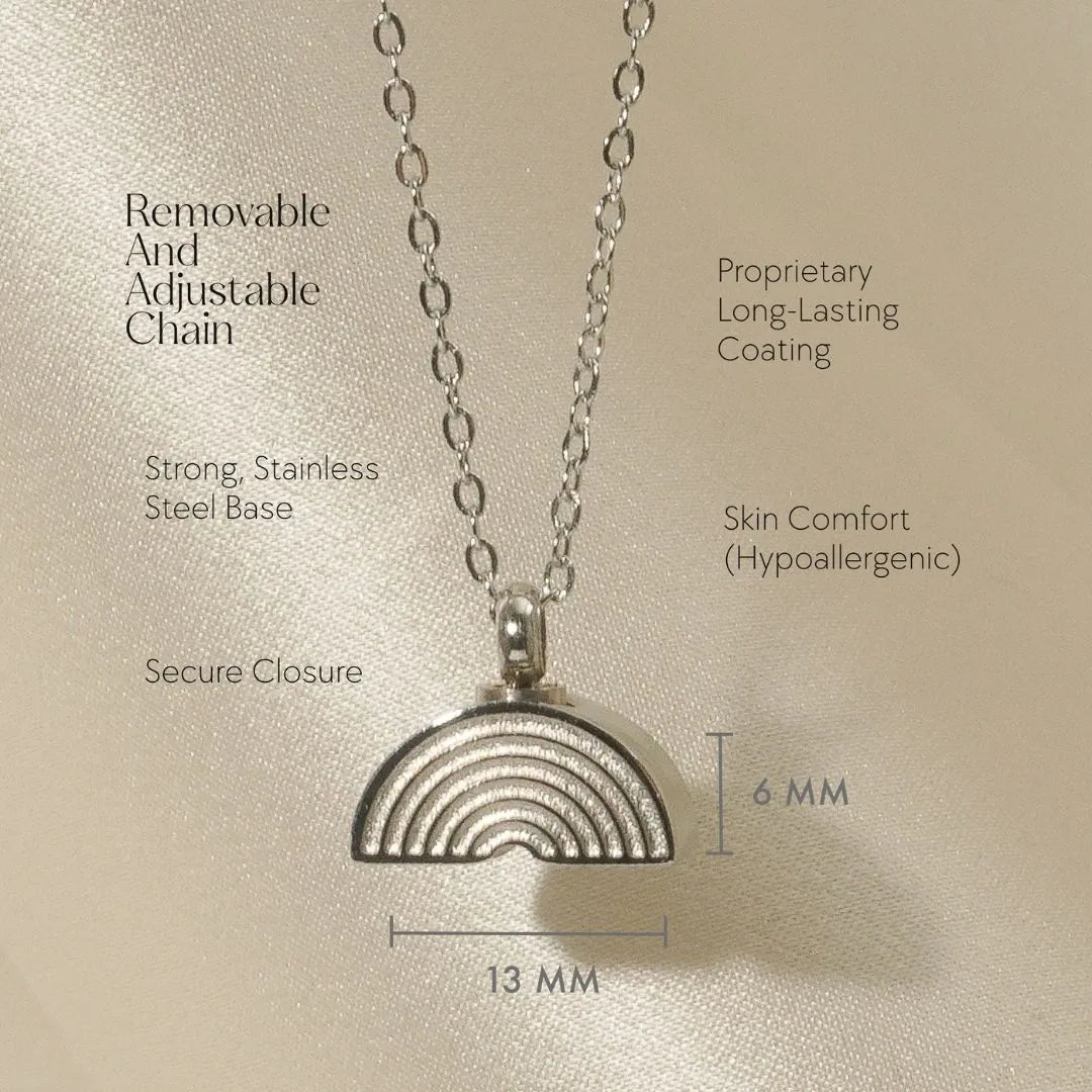 Silver Rainbow Bridge cremation necklace with adjustable chain, featuring an engraved design for pet memorialization.