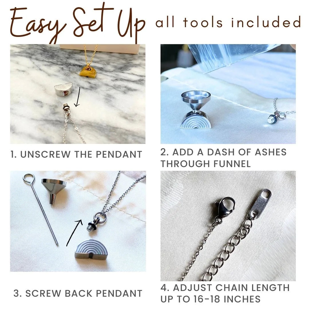 Instructions for assembling the Rainbow Bridge cremation necklace, including tools and chain adjustment steps.