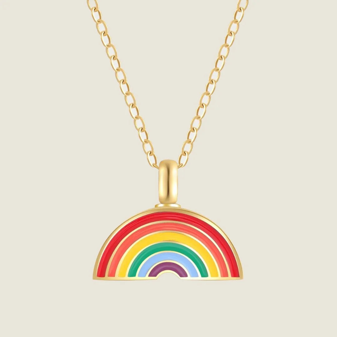 Colorful gold necklace featuring a rainbow pendant, symbolizing pet memorial with space for ashes or keepsakes.