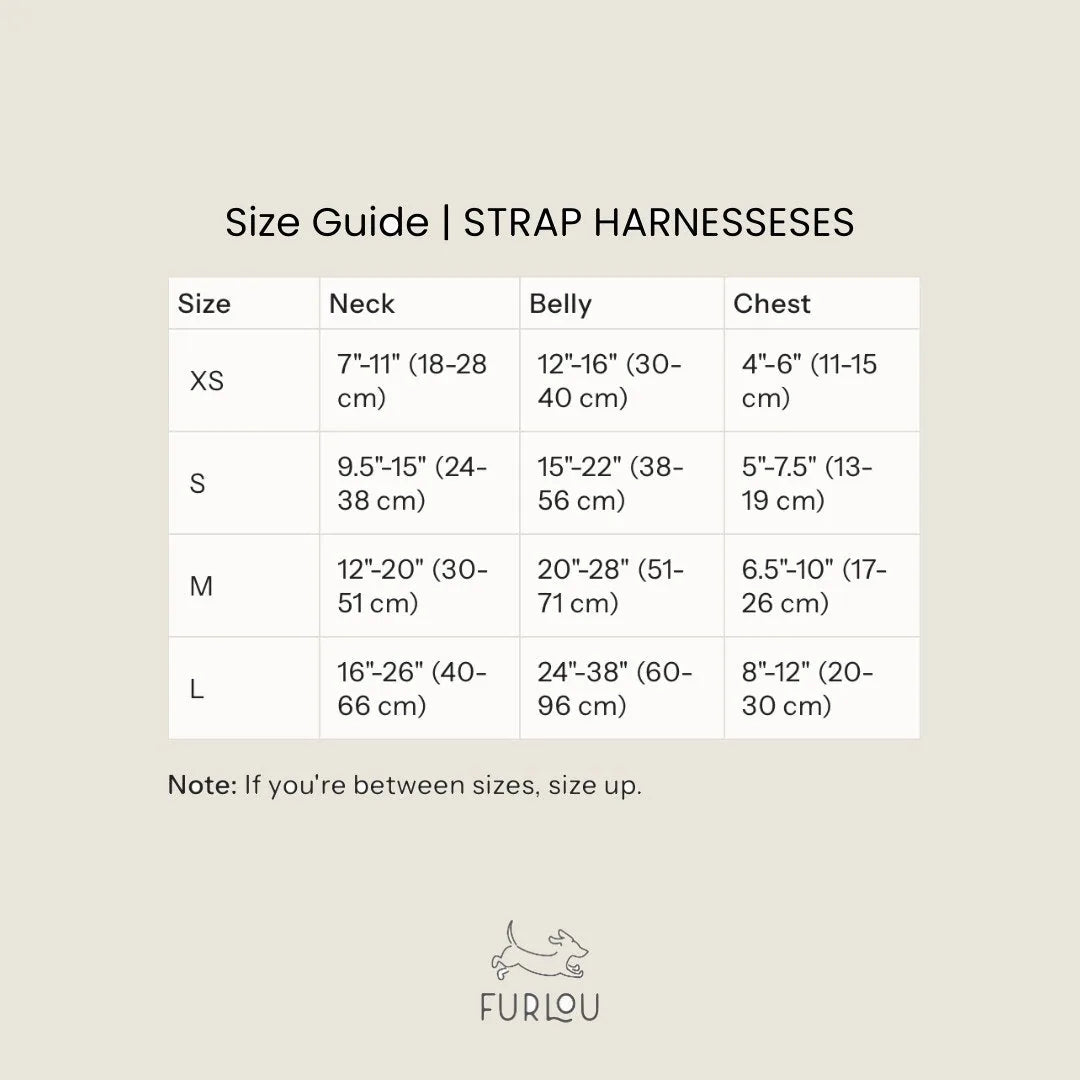 Size guide for FURLOU's Rainbow Dog Harness showing neck, belly, and chest measurements for various sizes.
