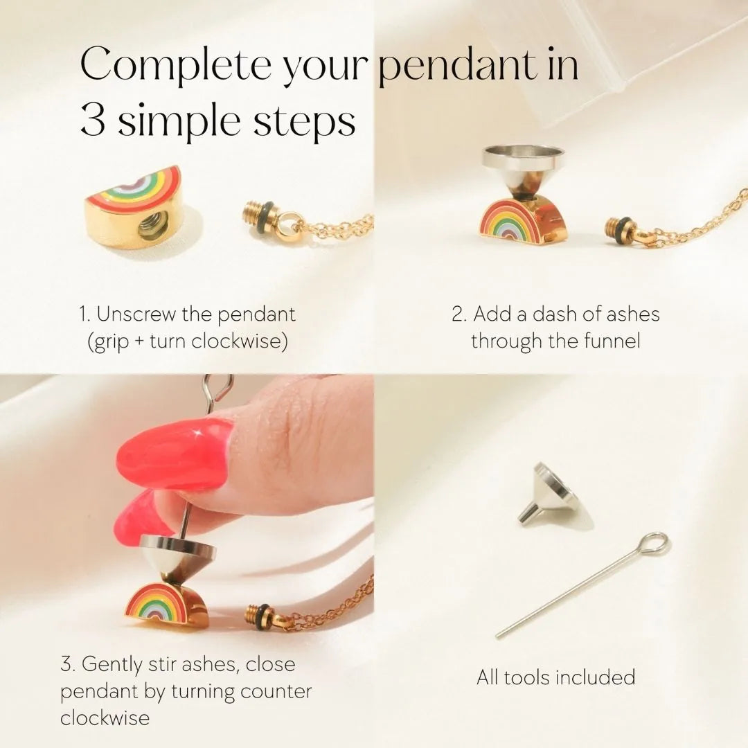Instructions for filling the Rainbow memorial necklace pendant with ashes, featuring colorful design and included tools.