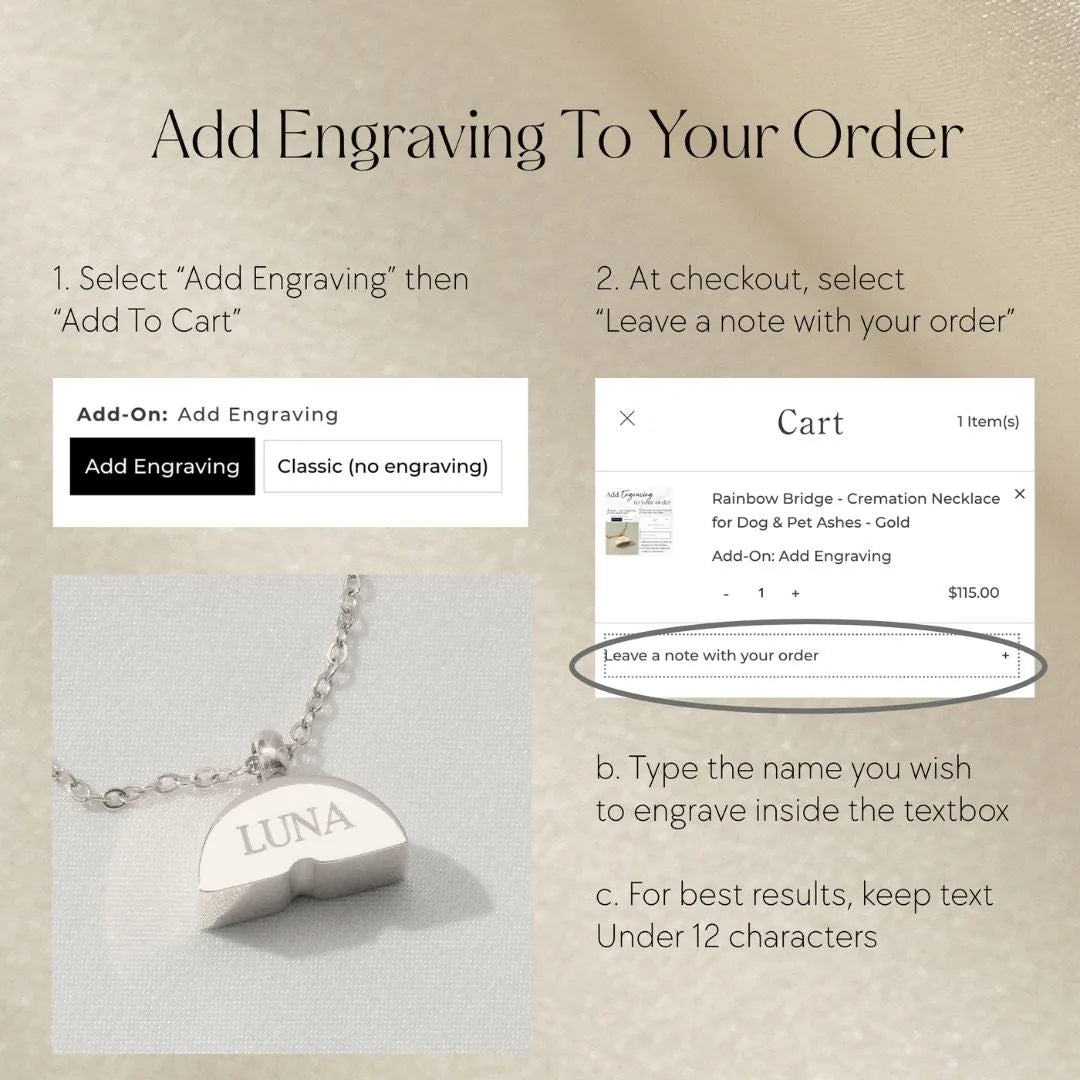 Engraving options for the silver Rainbow Bridge necklace, showcasing a heart pendant with the name "LUNA."
