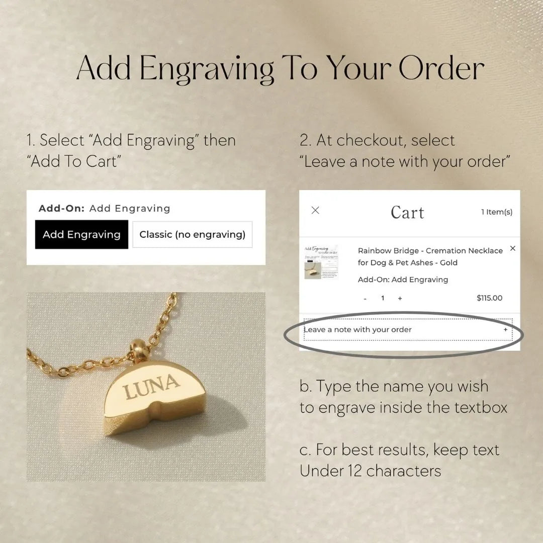 Gold memorial necklace with a curved pendant engraved with "LUNA" on a delicate chain, showcasing personalized cremation j...