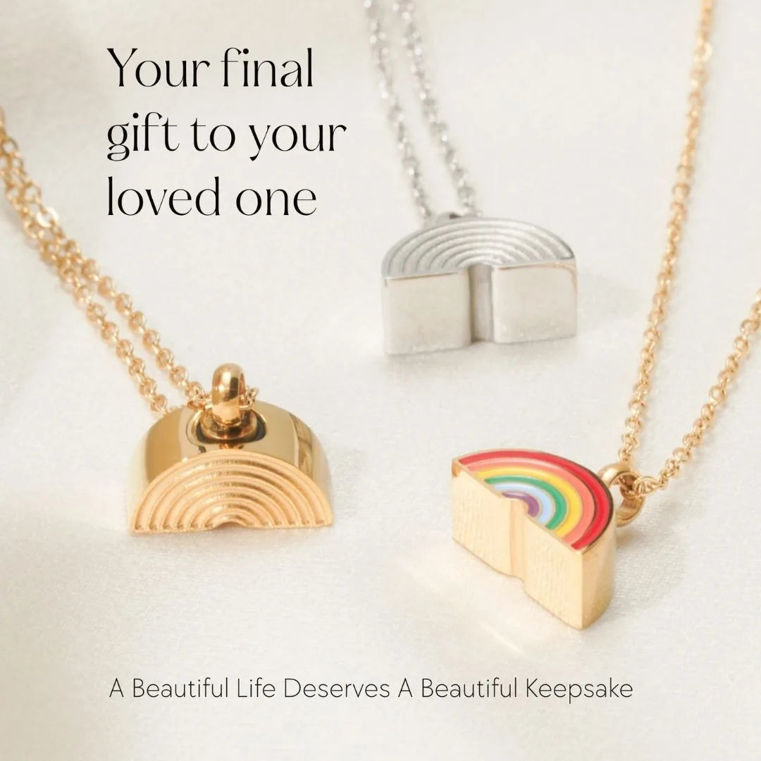 Colorful rainbow memorial necklaces in gold, silver, and multicolor designs symbolize enduring love and connection.