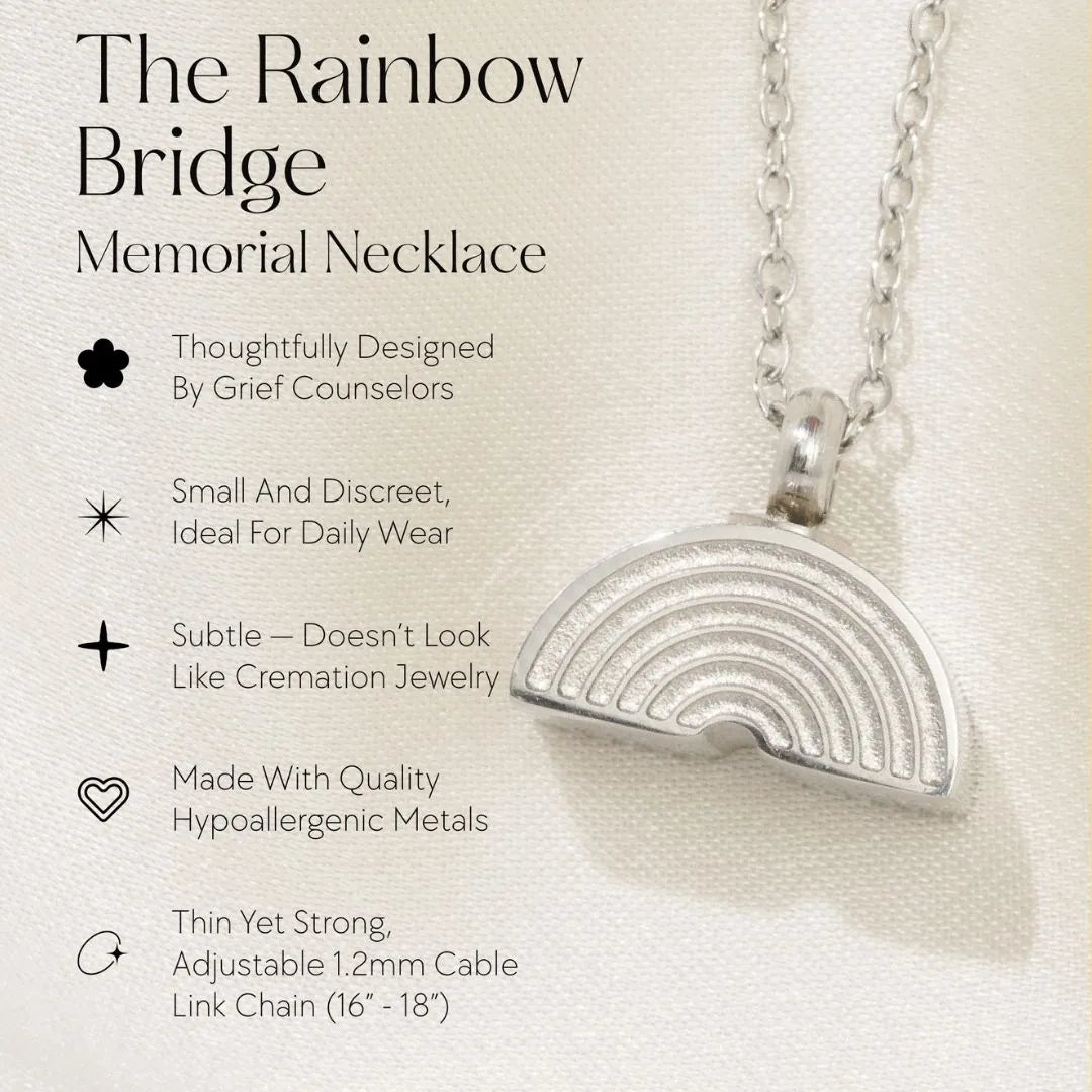 Silver rainbow bridge memorial necklace with a delicate chain and subtle design, ideal for daily wear.