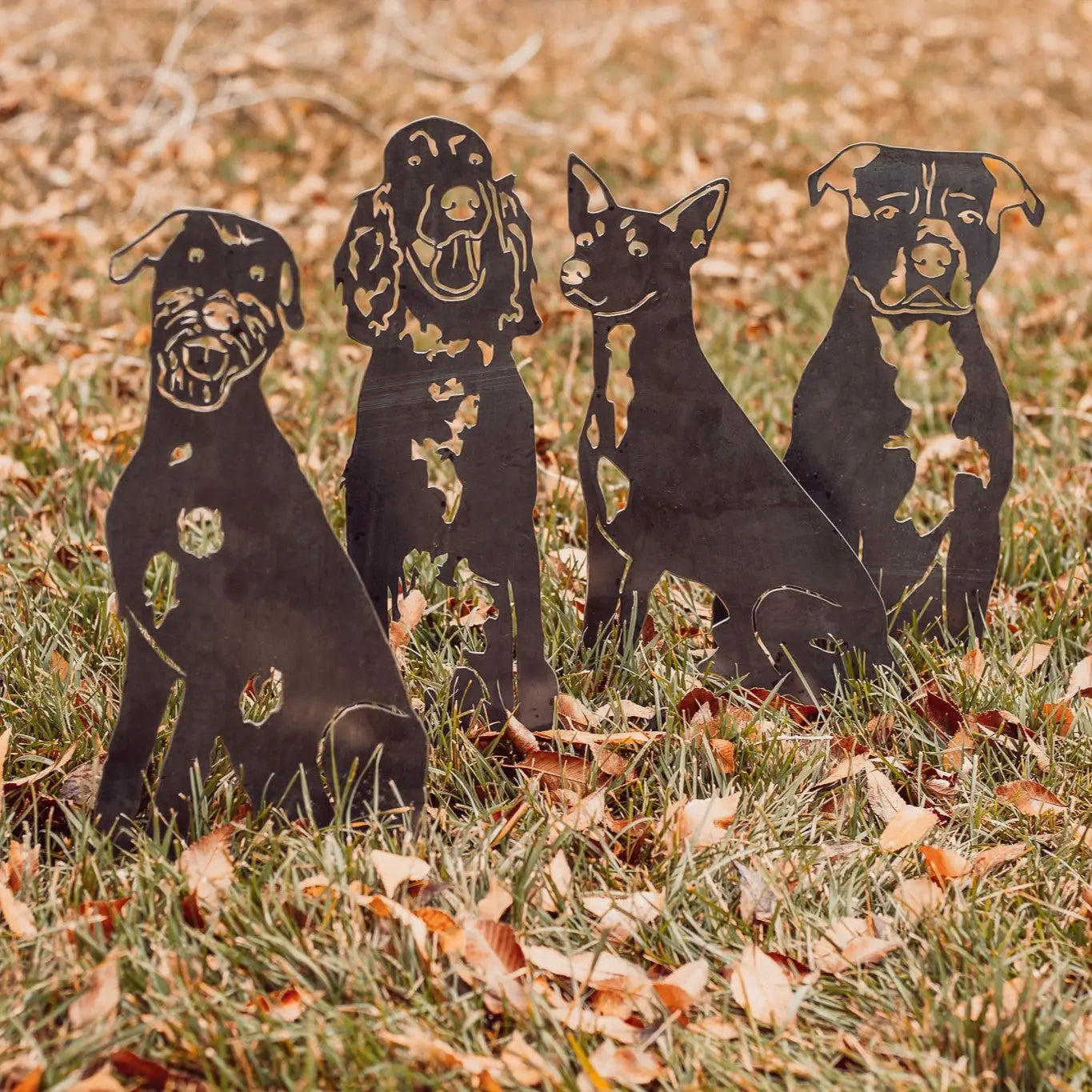 Rat Terrier metal silhouette standing among other dog silhouettes on grass, showcasing a matte black finish for outdoor de...
