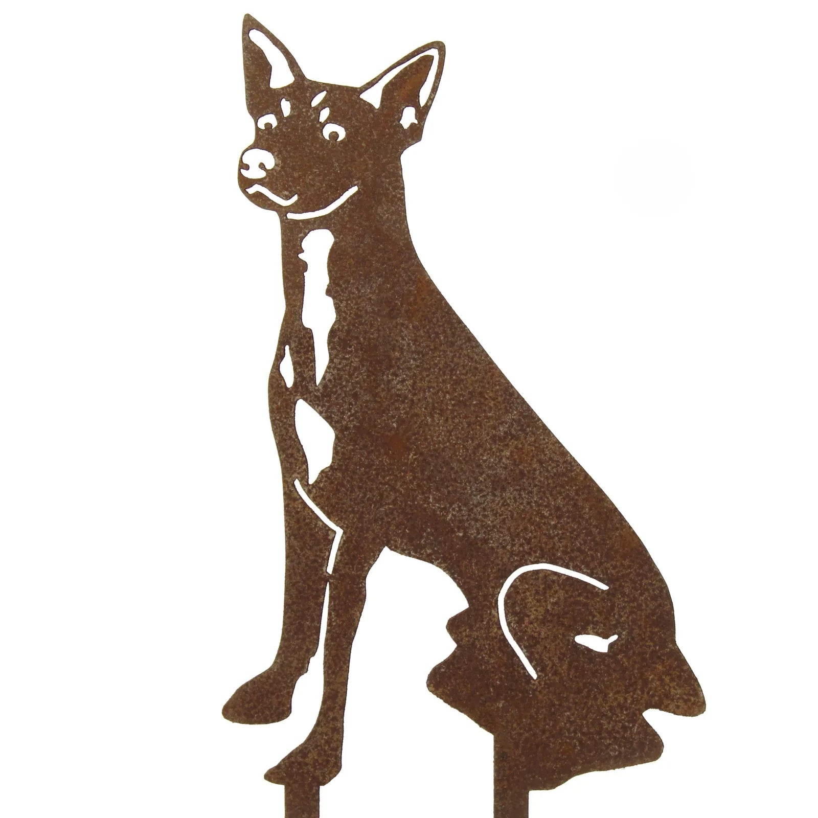 Rusty Corten steel silhouette of a sitting Rat Terrier, designed for outdoor display in gardens or yard decor.