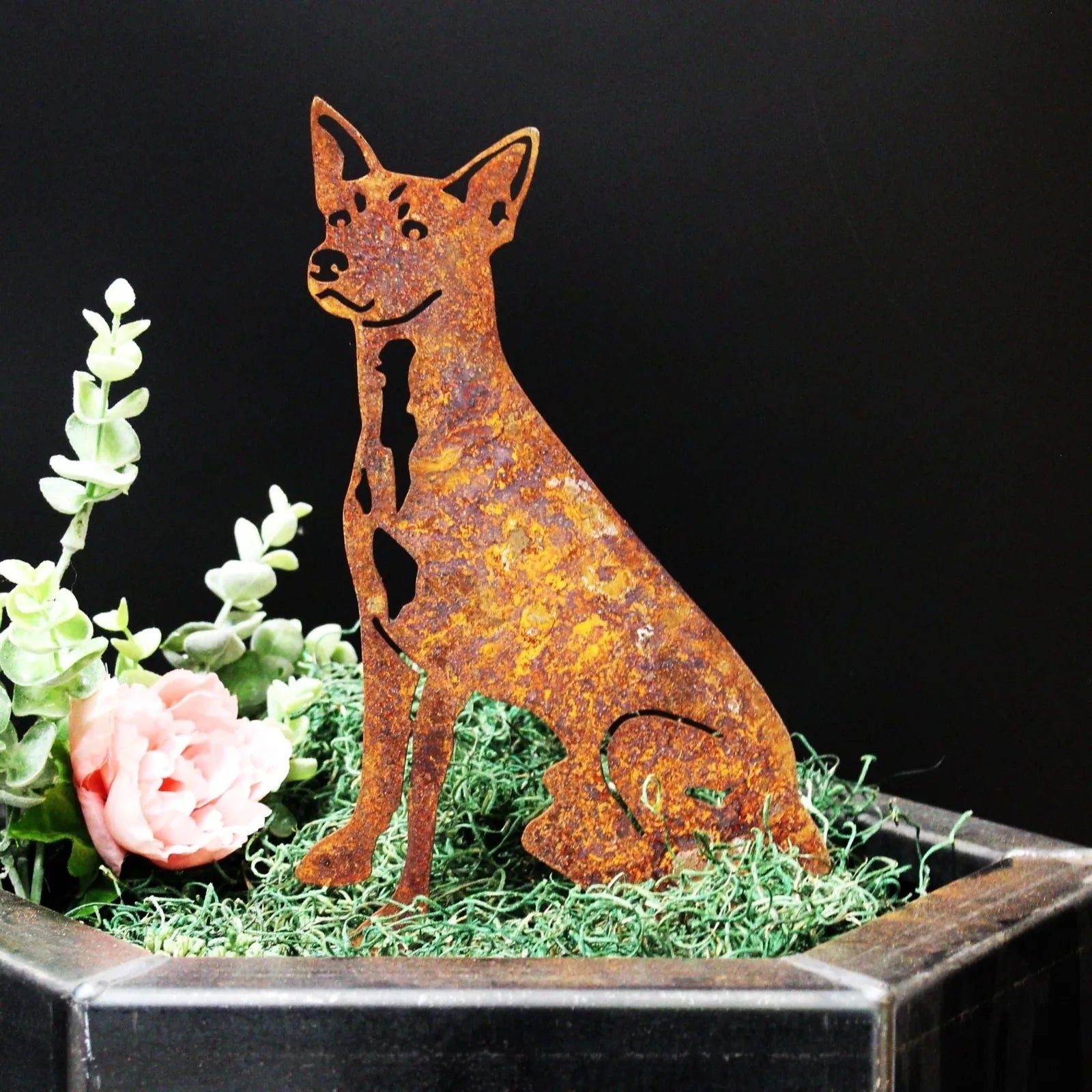 Rusty Rat Terrier silhouette made of weathered steel, displayed among greenery and a pink flower in a black pot.