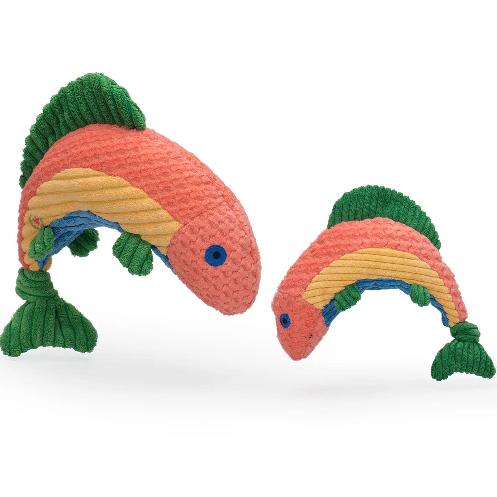 Colorful plush Rauccous Rainbow Trout Knottie dog toys in pink and green, featuring a half-rounded shape and squeakers.