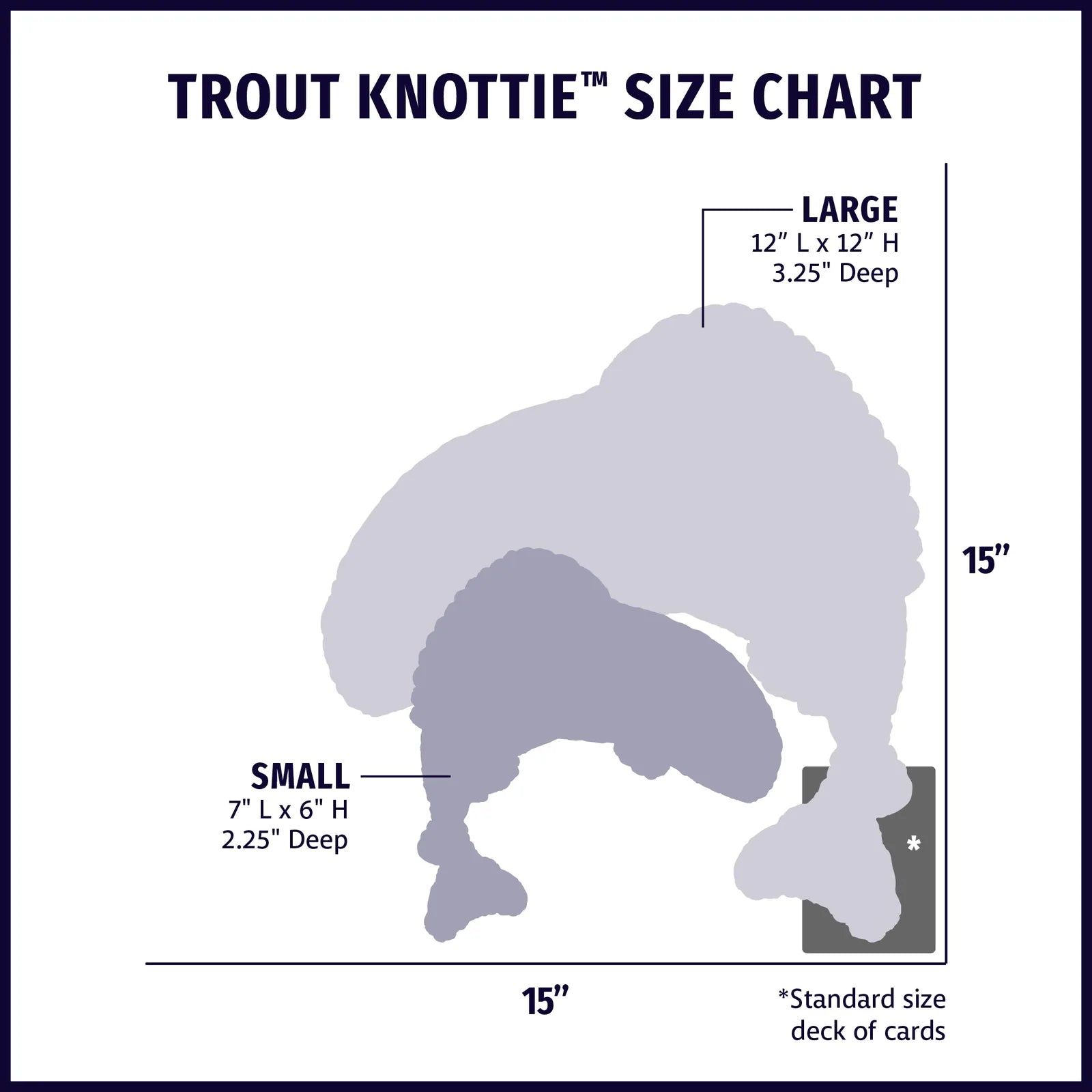 Size chart for HuggleHounds Rauccous Rainbow Trout Knottie® plush dog toy with small and large dimensions illustrated.