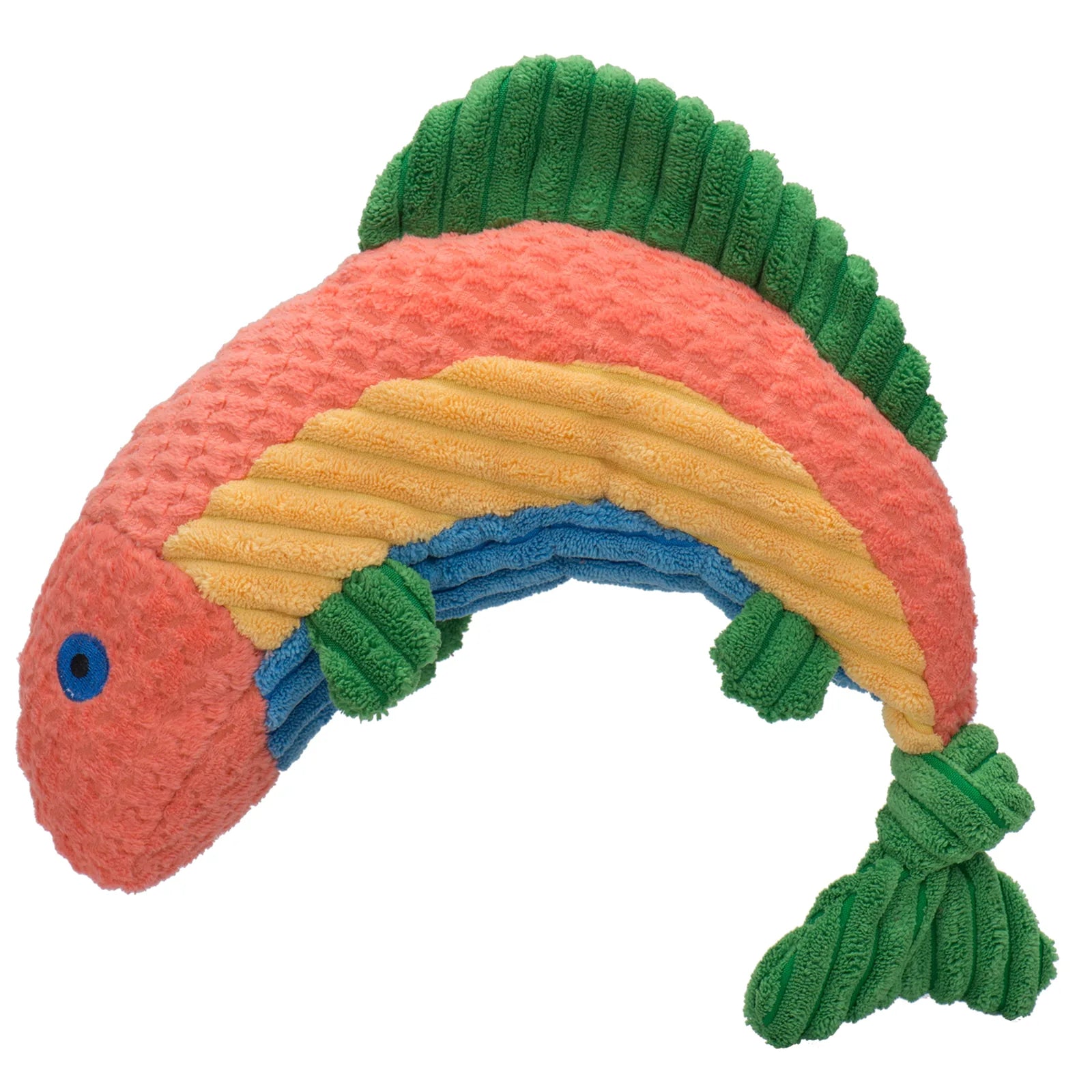 Plush rainbow trout dog toy in soft, colorful fabric featuring a knotted design, perfect for playful pups.