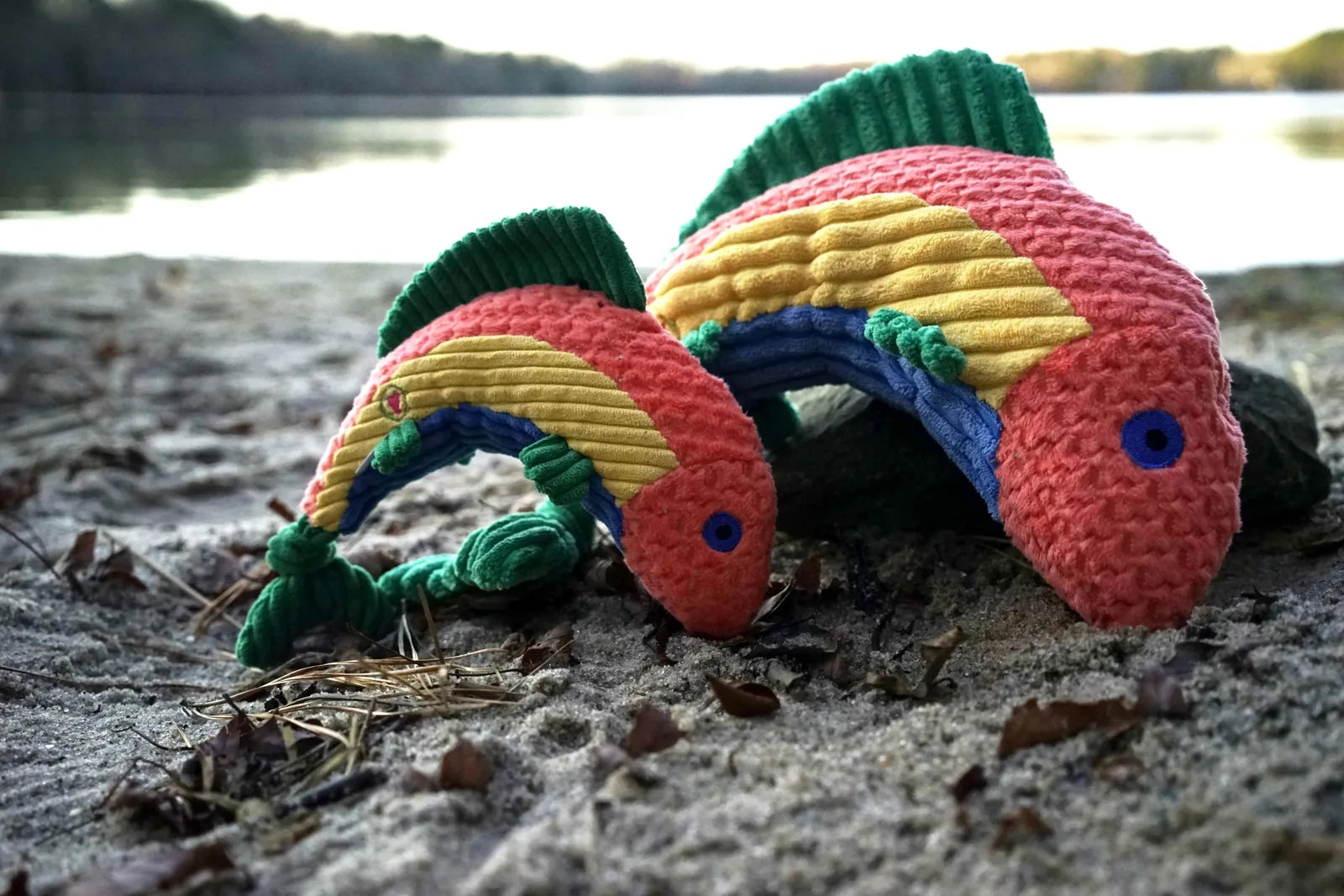Rauccous Rainbow Trout Knottie® plush dog toys in bright colors, with a soft, knotted texture perfect for fetching and cud...