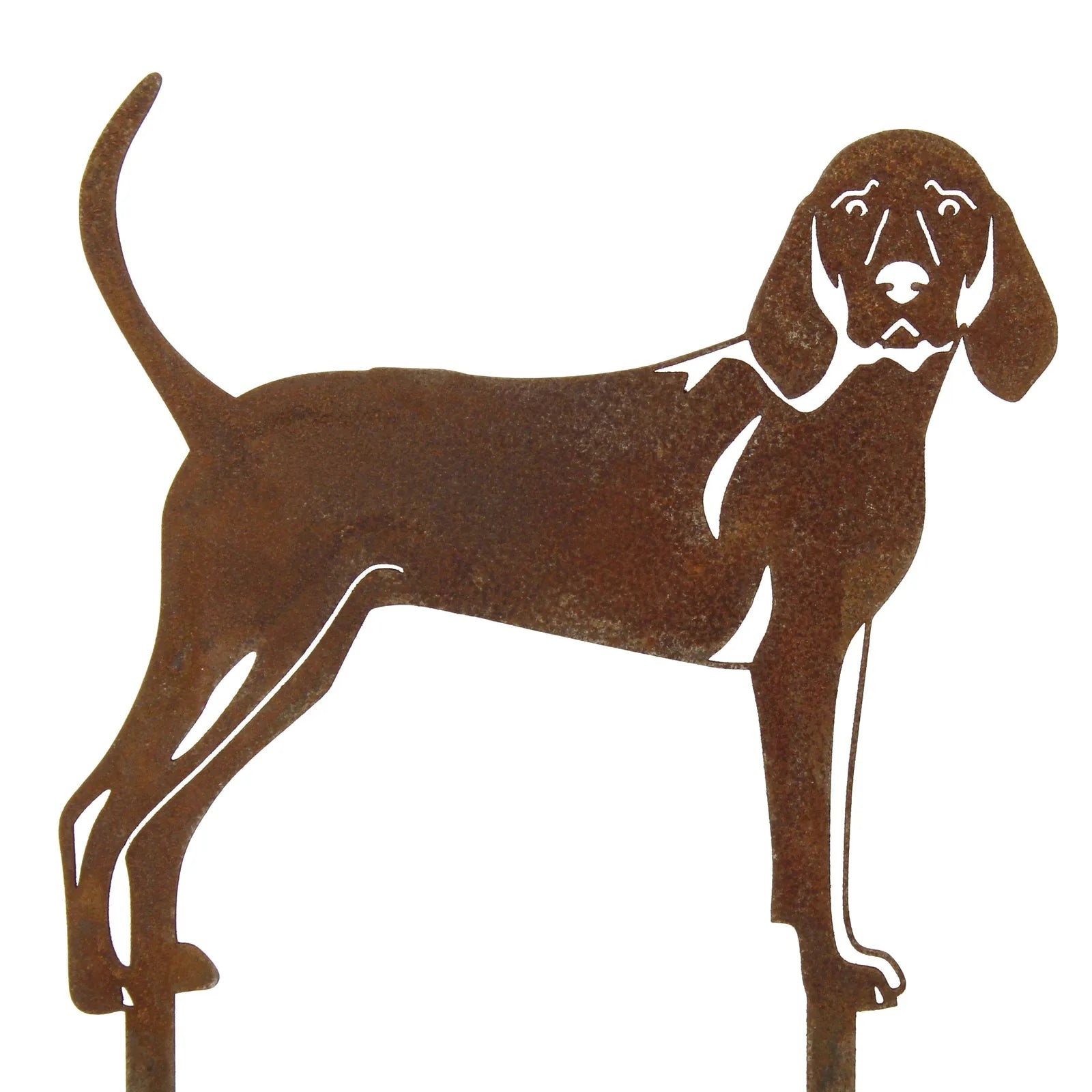 Rusty silhouette of a standing Redbone Coonhound made of Corten steel, ideal for outdoor or indoor decor.