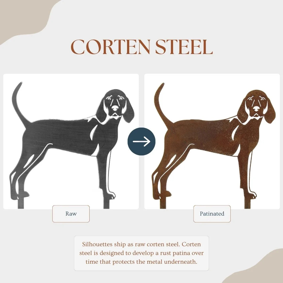Redbone Coonhound metal silhouette in raw corten steel, showcasing the transition to a rust patina appearance.