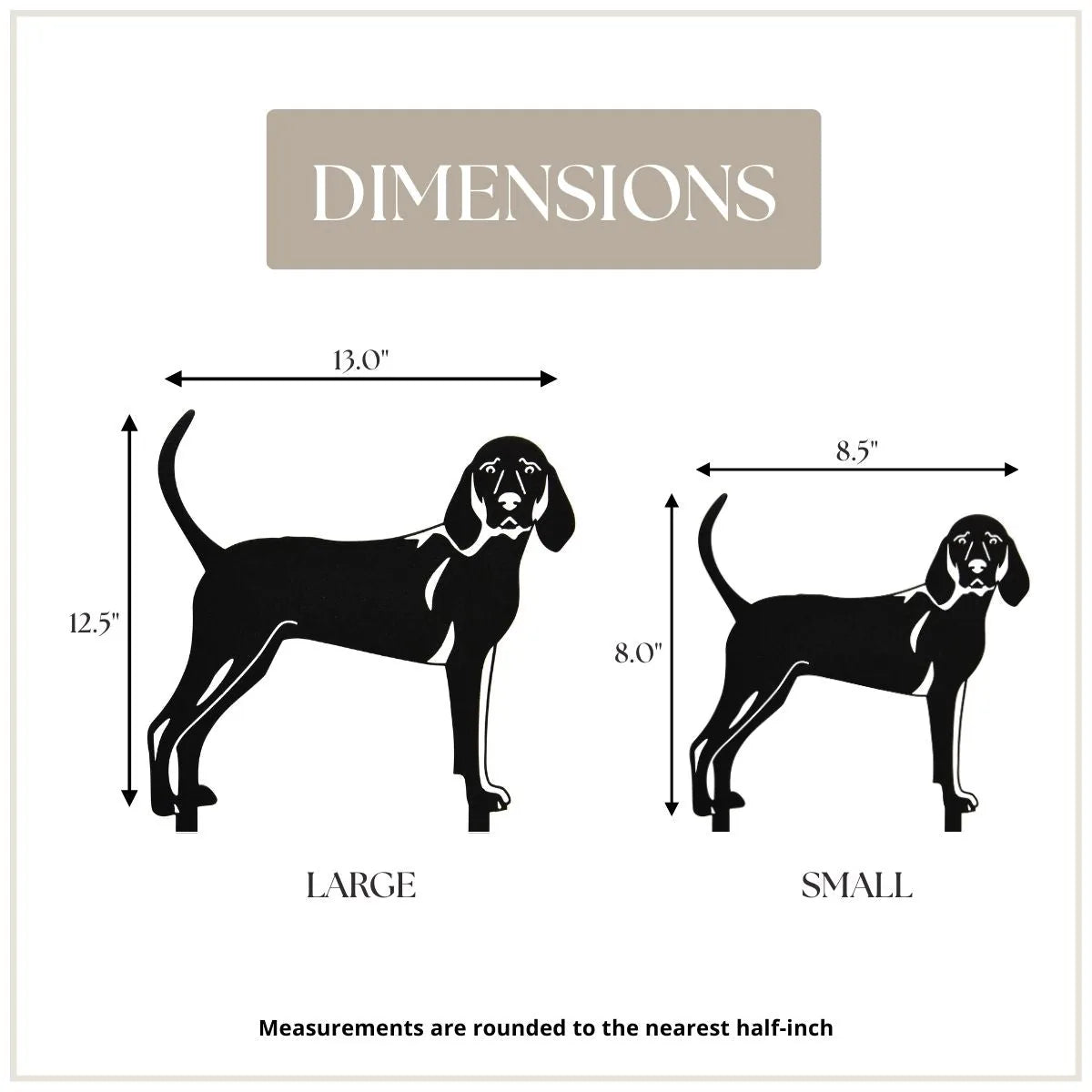 Redbone Coonhound silhouette dimensions showing large (12.5") and small (8") sizes in black metal design.