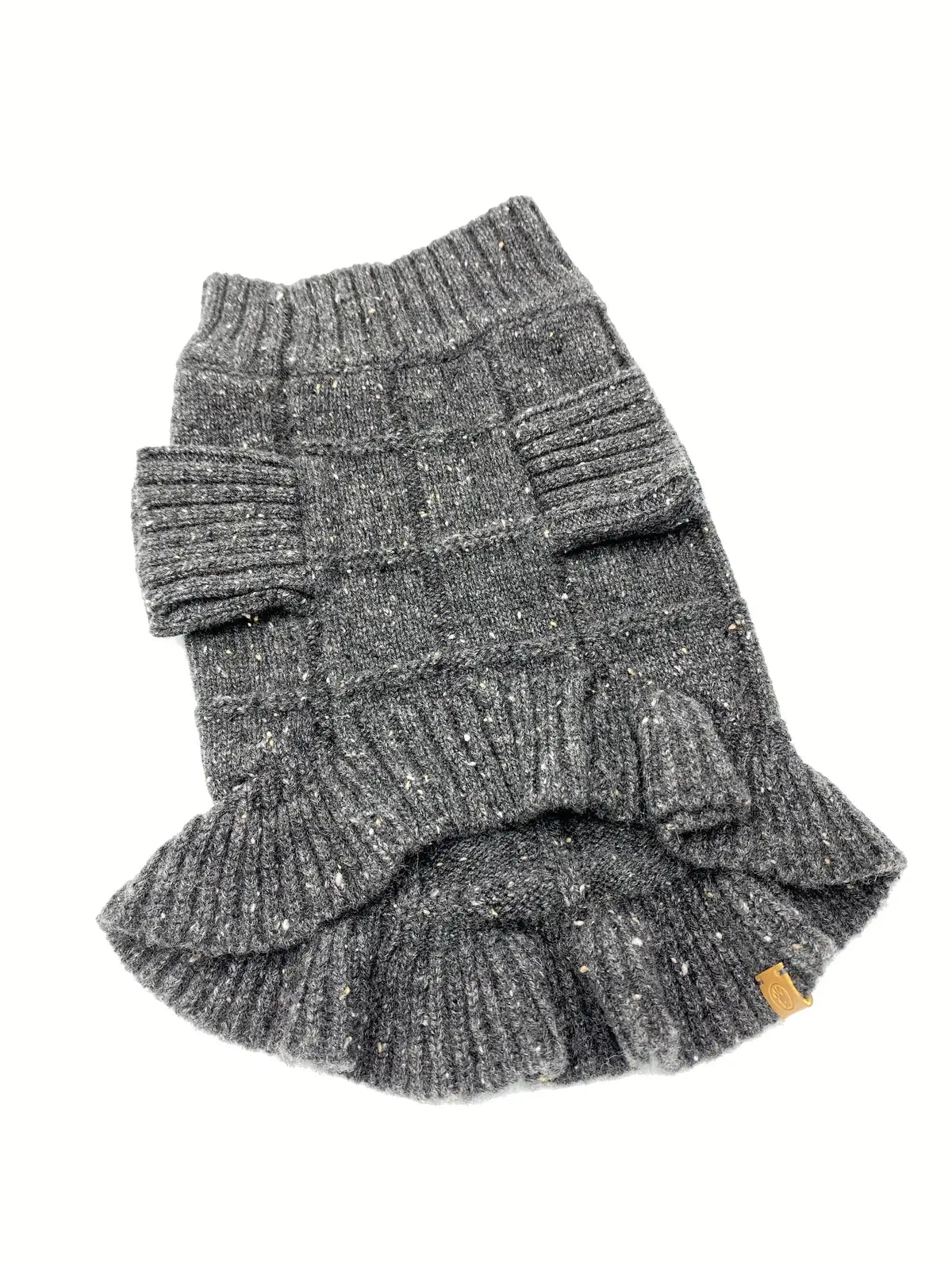 Charcoal cashmere dog sweater with ruffle detail and ribbed texture, perfect for stylish small to medium-sized dogs.