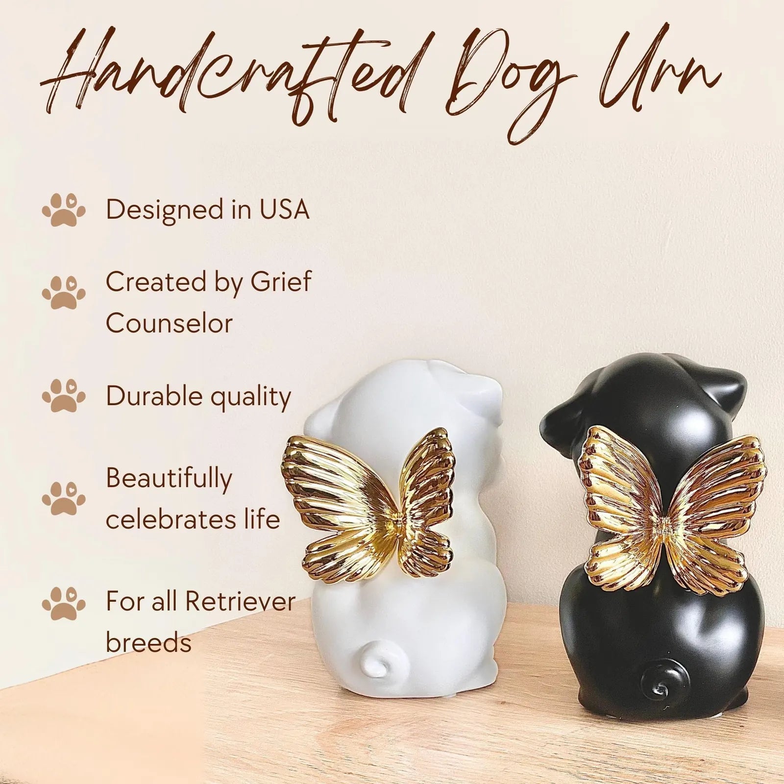 Handcrafted dog urns in black and white, featuring golden wings, celebrating Retriever breeds with durable quality.