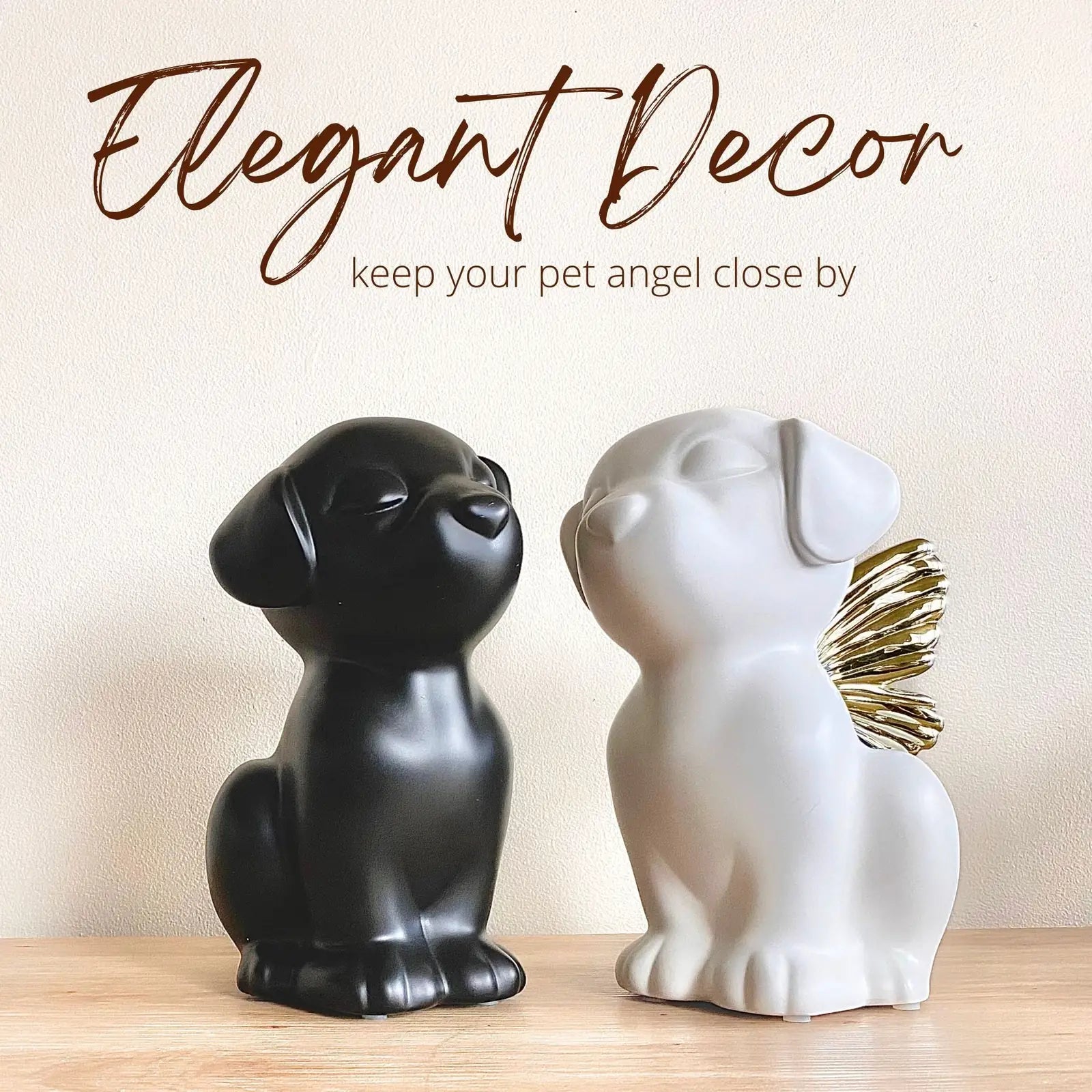 Handcrafted black dog urn beside a white urn with gold wings, symbolizing a pet's angelic memory.