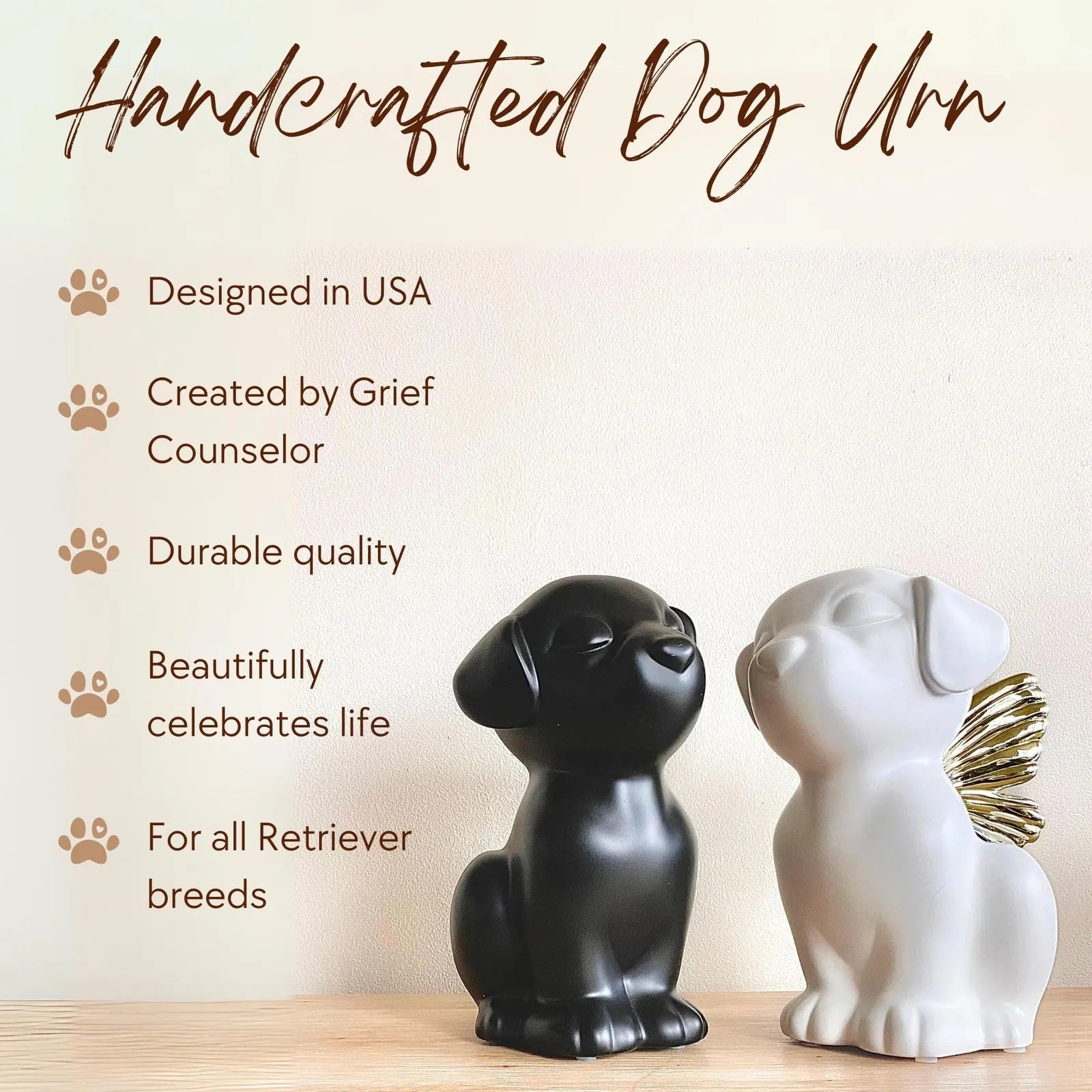 Retriever Angel Dog Urn with silver wings, white finish, handcrafted design for memorializing medium to large dogs.