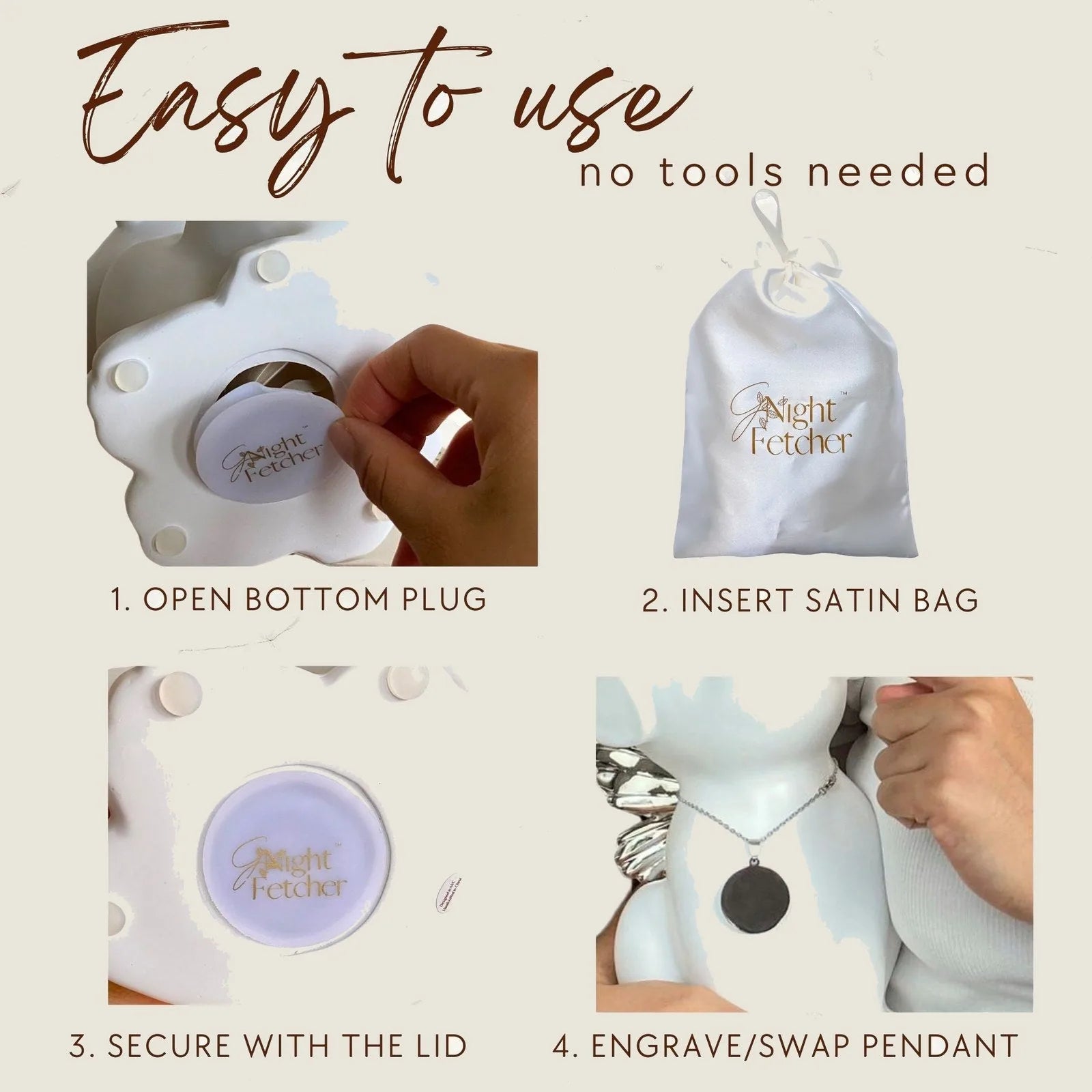 Hand holding a bottom plug of the white Retriever Angel Dog Urn with silver wings, demonstrating easy assembly instructions.