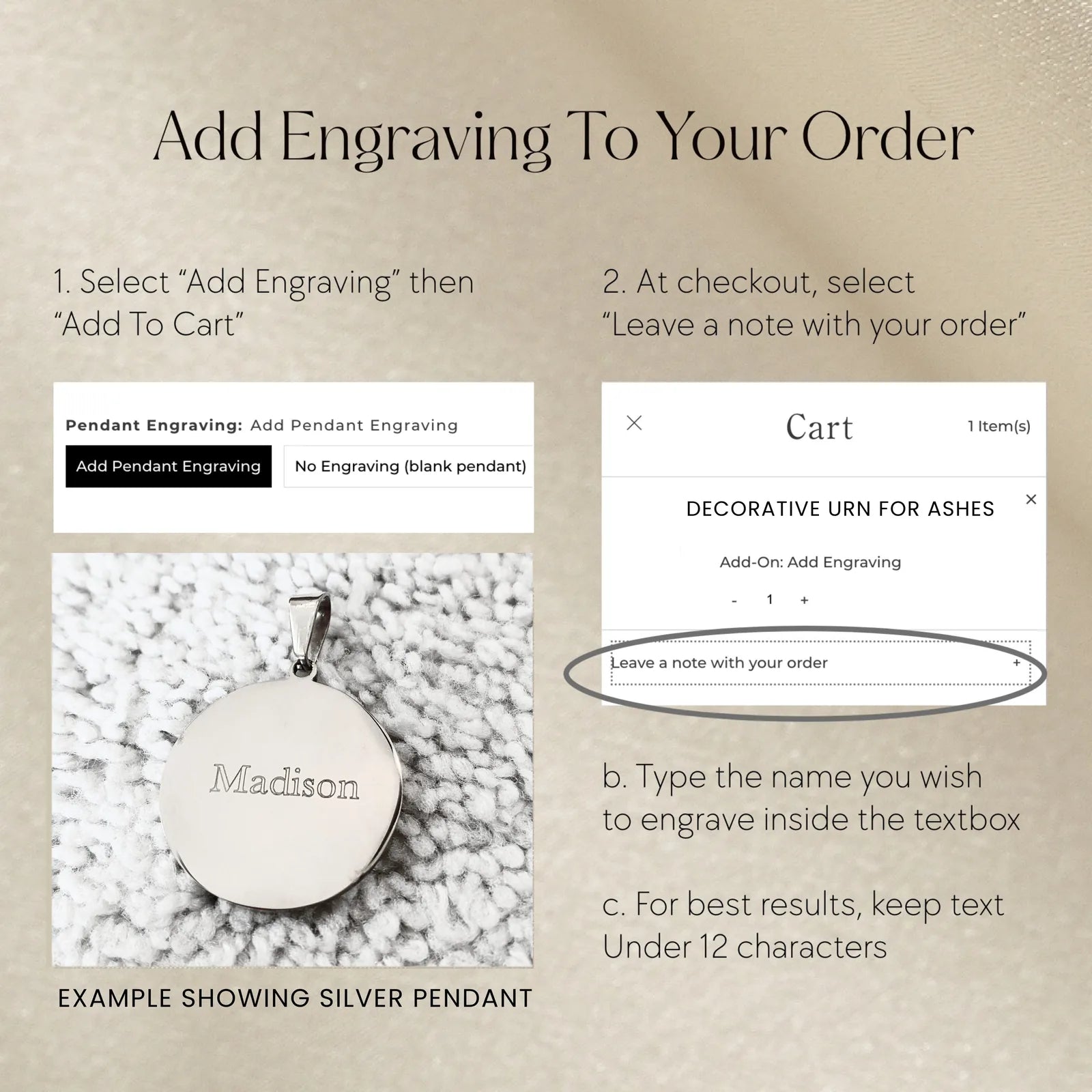 Silver pendant with engraved name on a soft textured background, showcasing the "Add Engraving" option for a memorial urn.