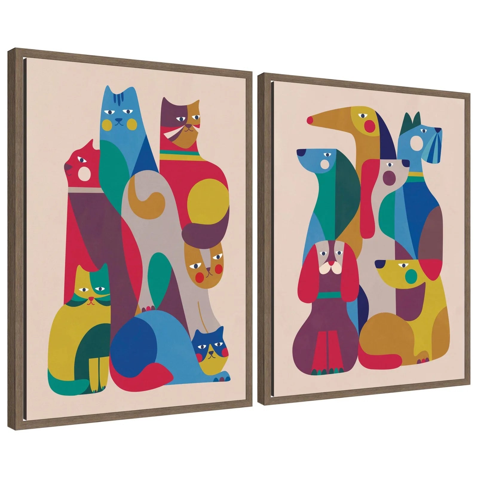 Colorful framed wall art featuring stylized retro cats and dogs in vibrant shades, designed by Rachel Lee.