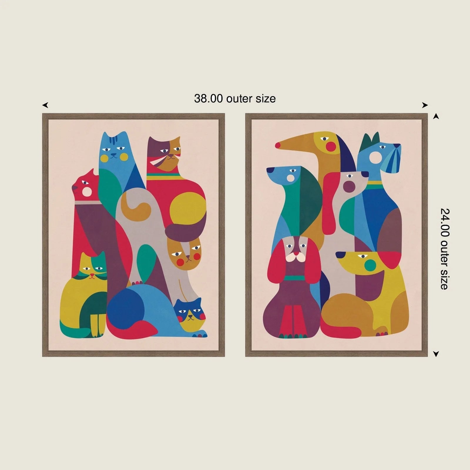 Framed canvas wall art set featuring colorful retro cats and dogs in playful geometric designs with natural wood frames.