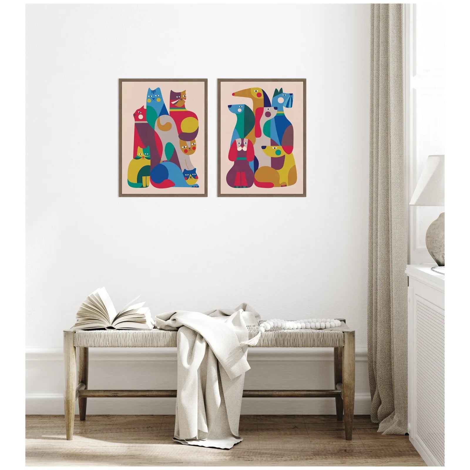 Framed canvas art featuring colorful retro cats and dogs, displayed above a wooden bench in a cozy interior setting.