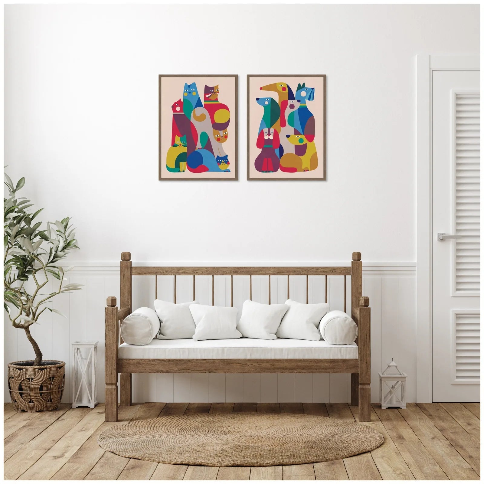 Framed canvas wall art set featuring colorful retro cats and dogs, designed by Rachel Lee, displayed in a cozy living space.