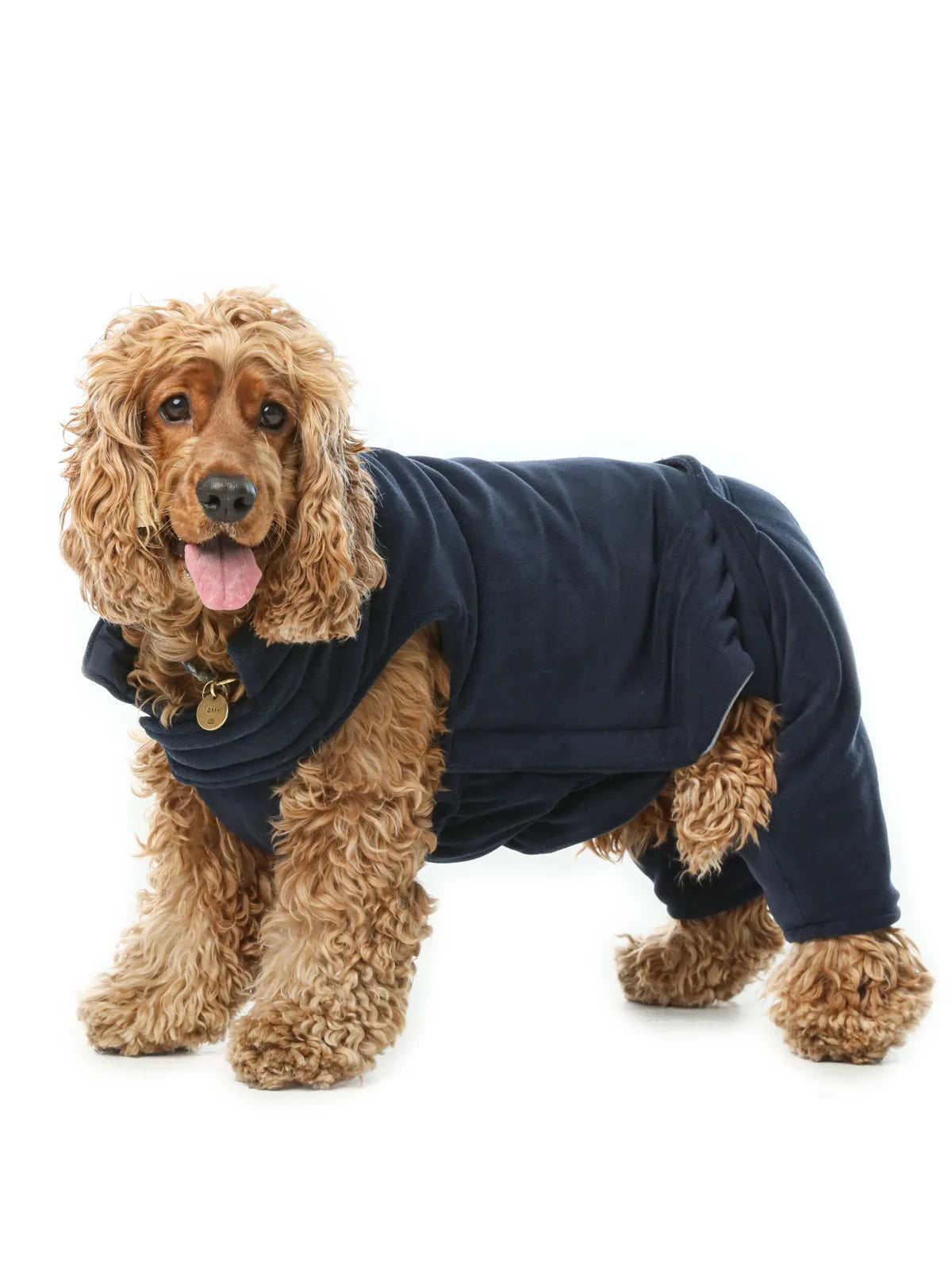 Reversible blue dog vest jacket with thick fleece lining, designed for warmth and comfort in chilly weather.