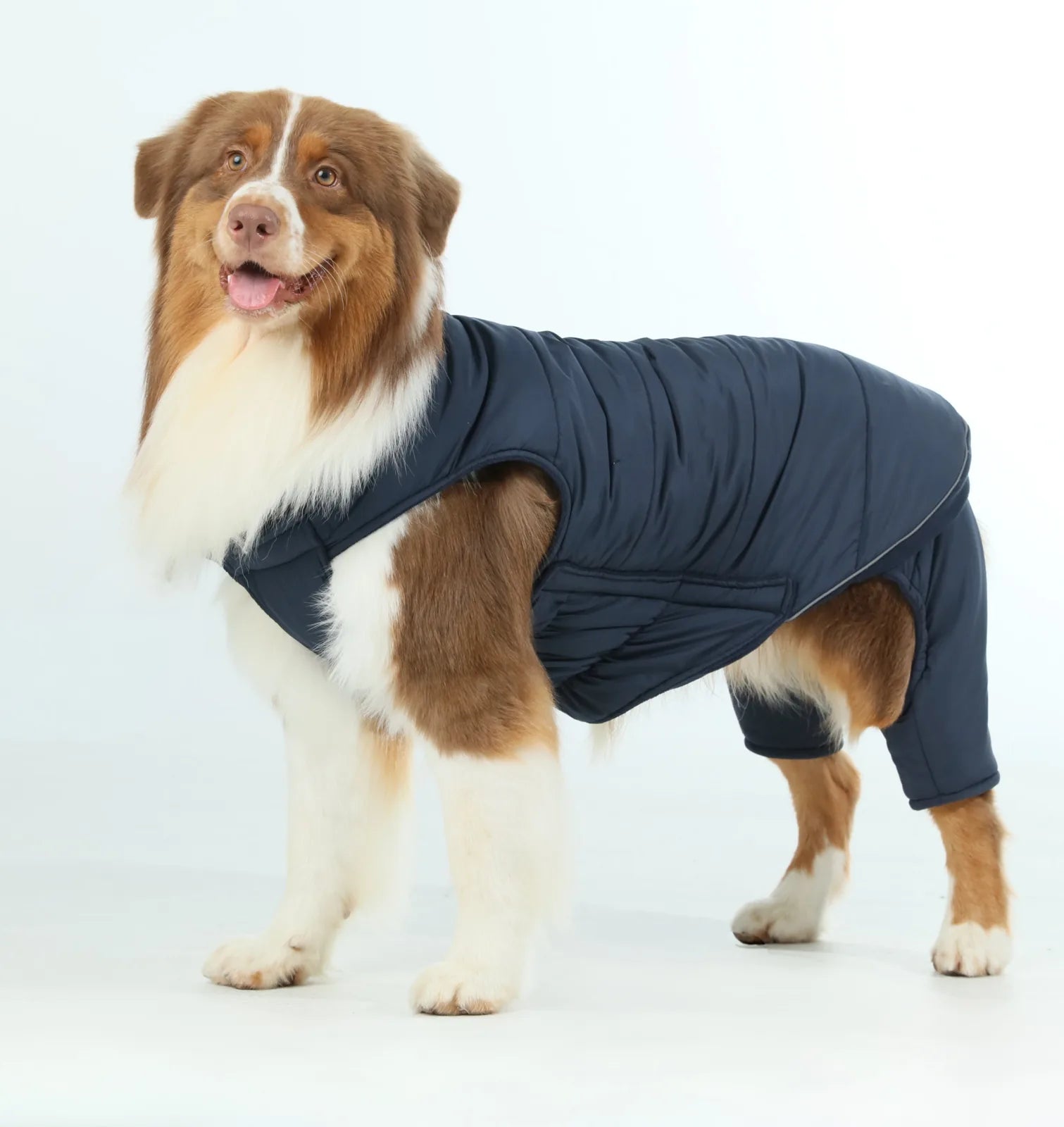 Reversible blue dog vest jacket with polar fleece lining, designed for warmth and comfort on chilly days.