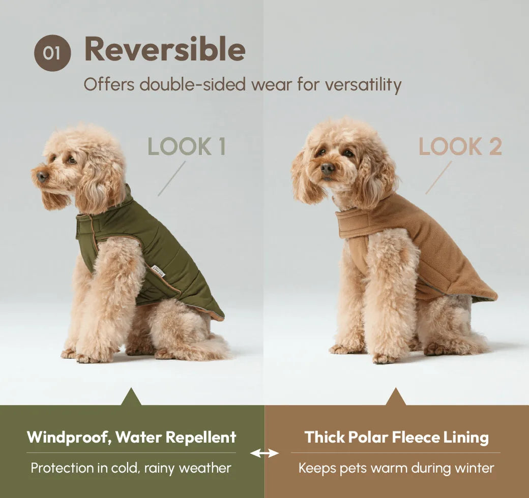 Reversible dog vest jacket in green and brown, featuring water-repellent fabric and thick polar fleece lining for warmth.