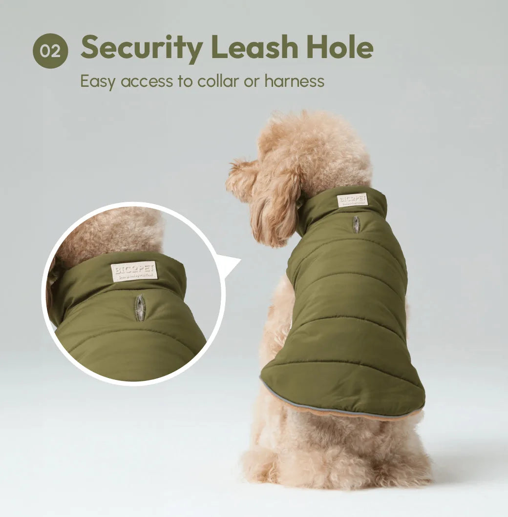 Reversible green dog vest jacket featuring a security leash hole for easy access to a collar or harness.