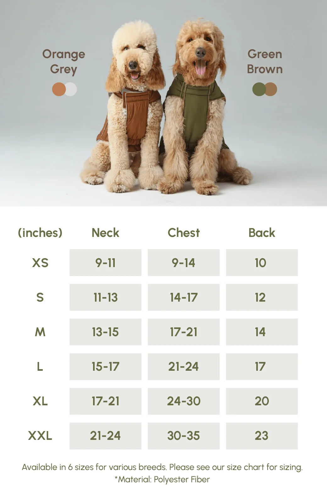 Reversible green and brown dog vest jackets on two happy dogs, showcasing windproof and water-repellent fabric.