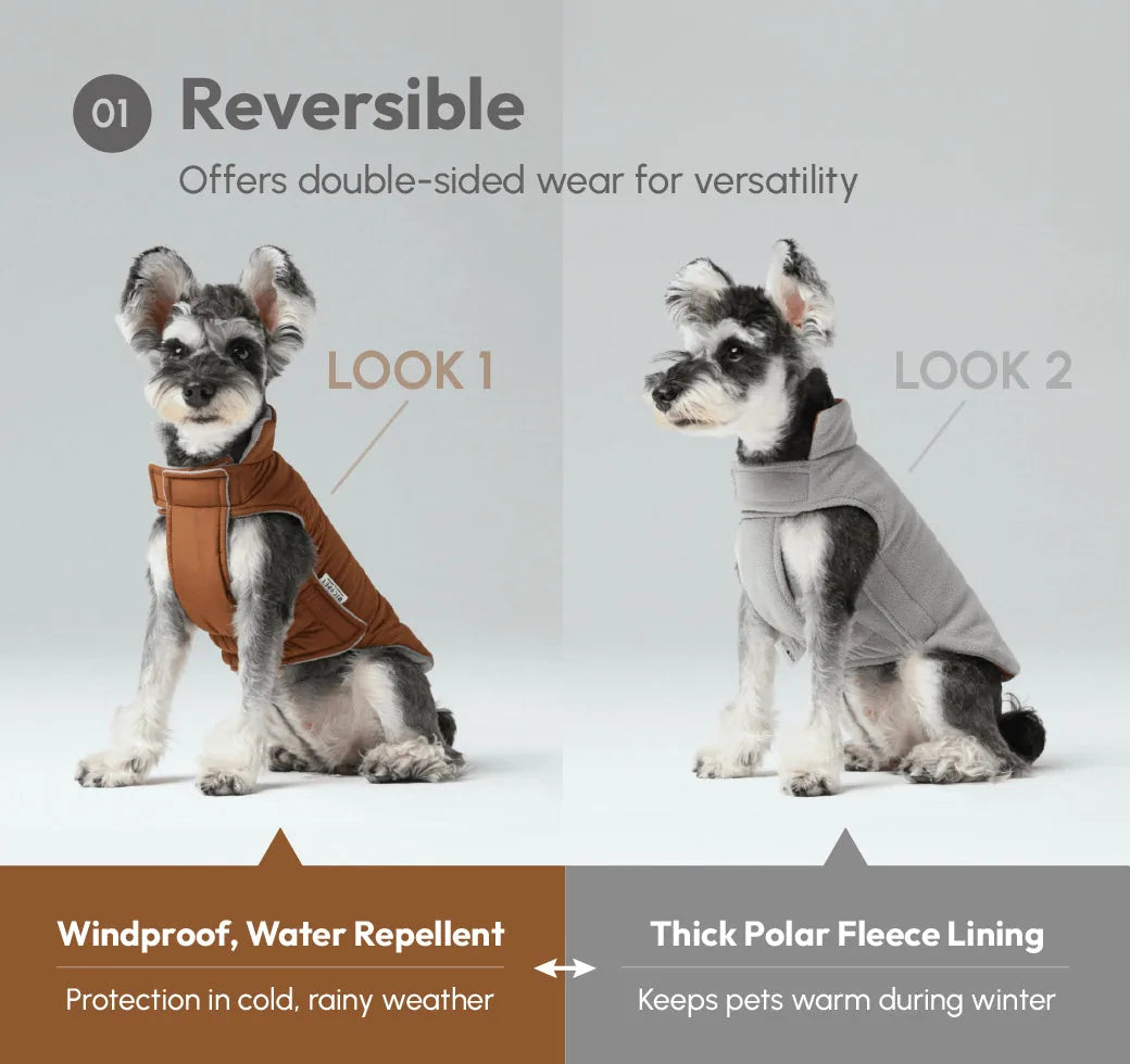 Reversible dog vest jacket in orange and grey, featuring a snug fit, thick fleece lining, and water-repellent outer layer.