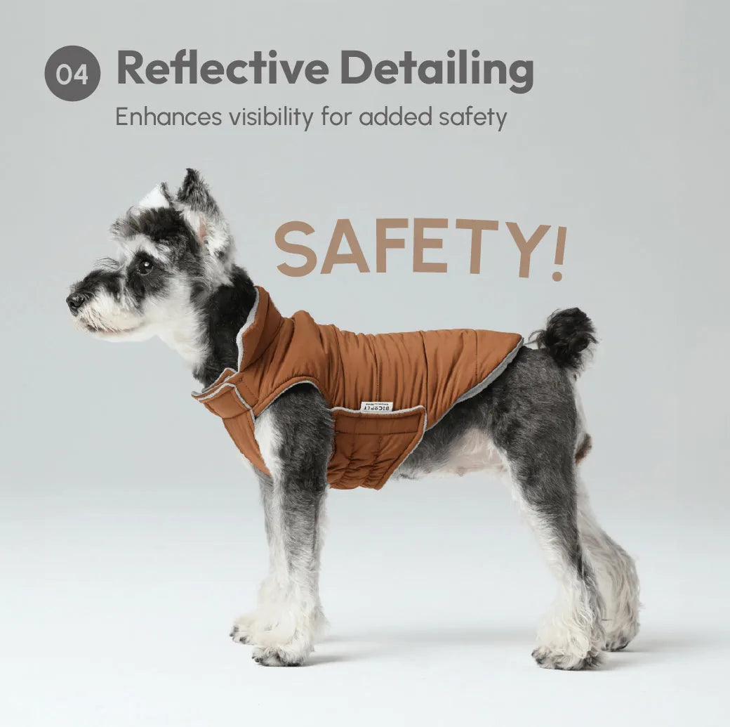 Reversible dog vest jacket in orange with reflective detailing for safety, featuring a snug fit and polar fleece lining.