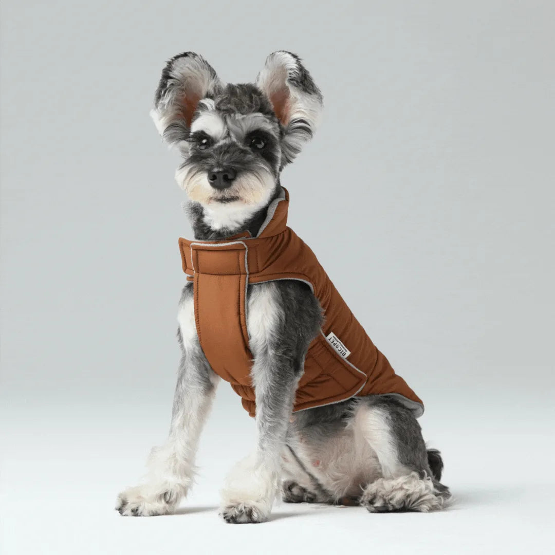 Reversible dog vest jacket in orange-grey, featuring a snug fit and reflective details for safety. Ideal for colder weather.