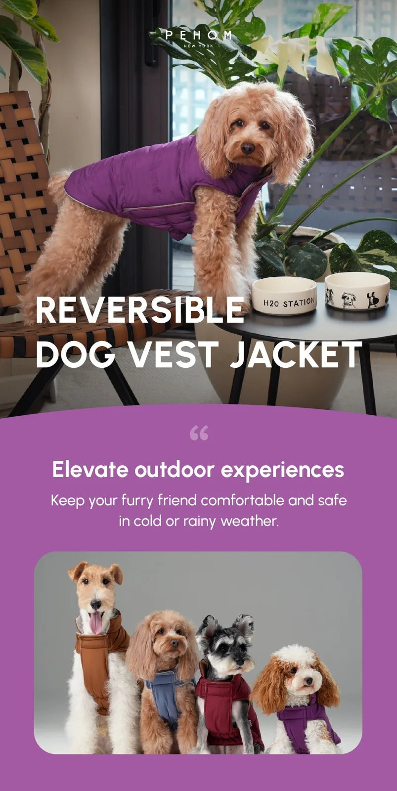 Reversible dog vest jacket in purple with a cozy, quilted design, perfect for outdoor adventures in cold weather.