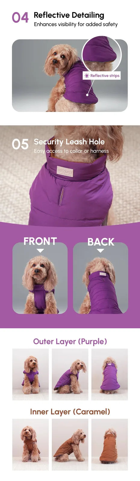 Reversible dog vest in purple with caramel lining, featuring reflective details and a leash hole for added safety.