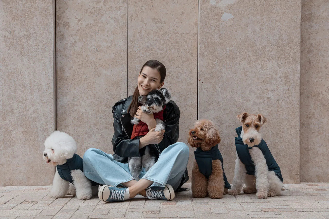 Reversible red-brown dog vest jacket on a small dog, surrounded by three other dogs in teal jackets, with a woman smiling.