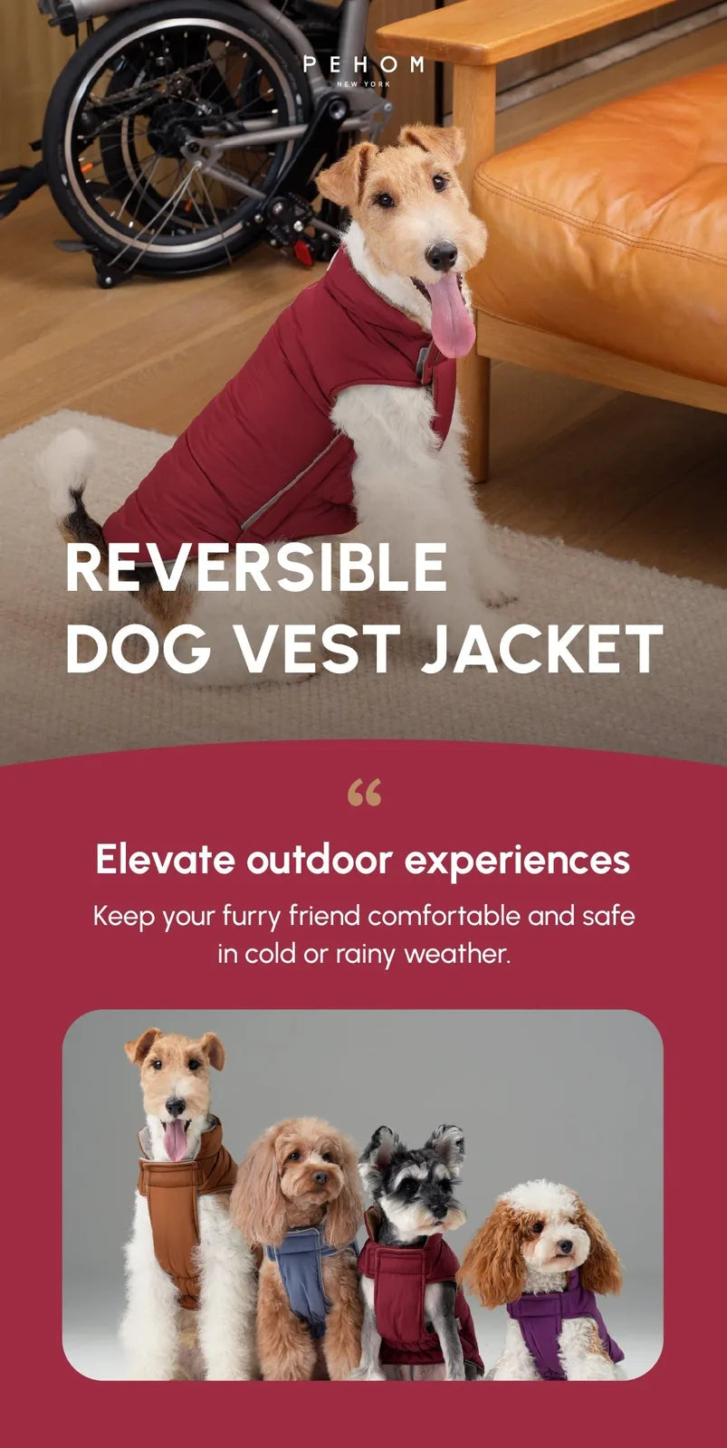 Reversible dog vest jacket in red brown, featuring a stylish color-block design, worn by a happy dog indoors.