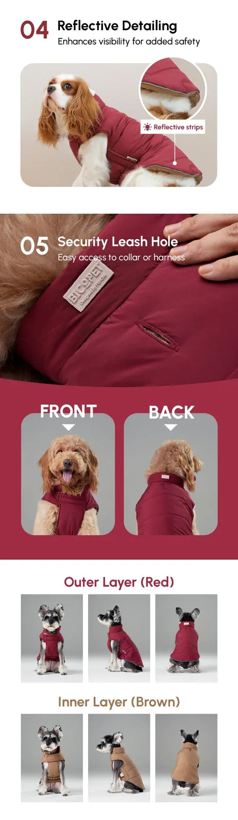 Reversible dog vest in red and brown, featuring reflective details and a leash hole for harness access.