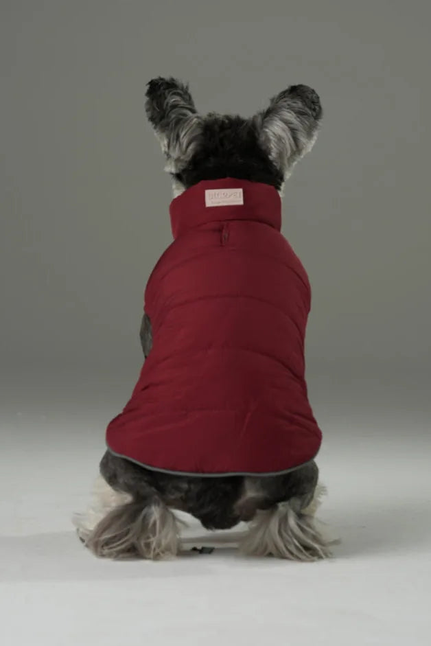 Reversible red-brown dog vest jacket featuring a collar, suitable for outdoor activities in cold weather.