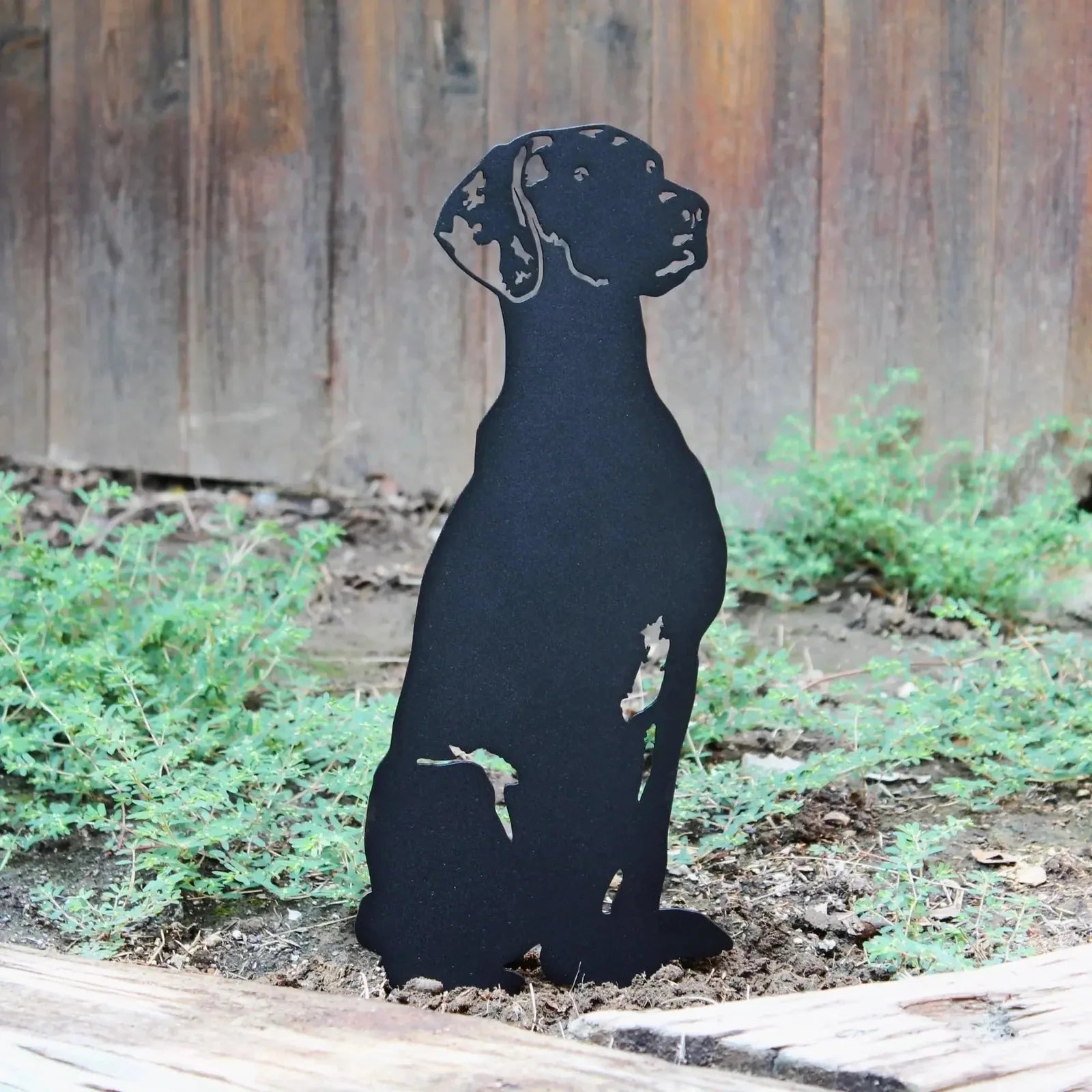 Black metal silhouette of a Rhodesian Ridgeback dog, showcasing intricate detailing, set against green foliage.